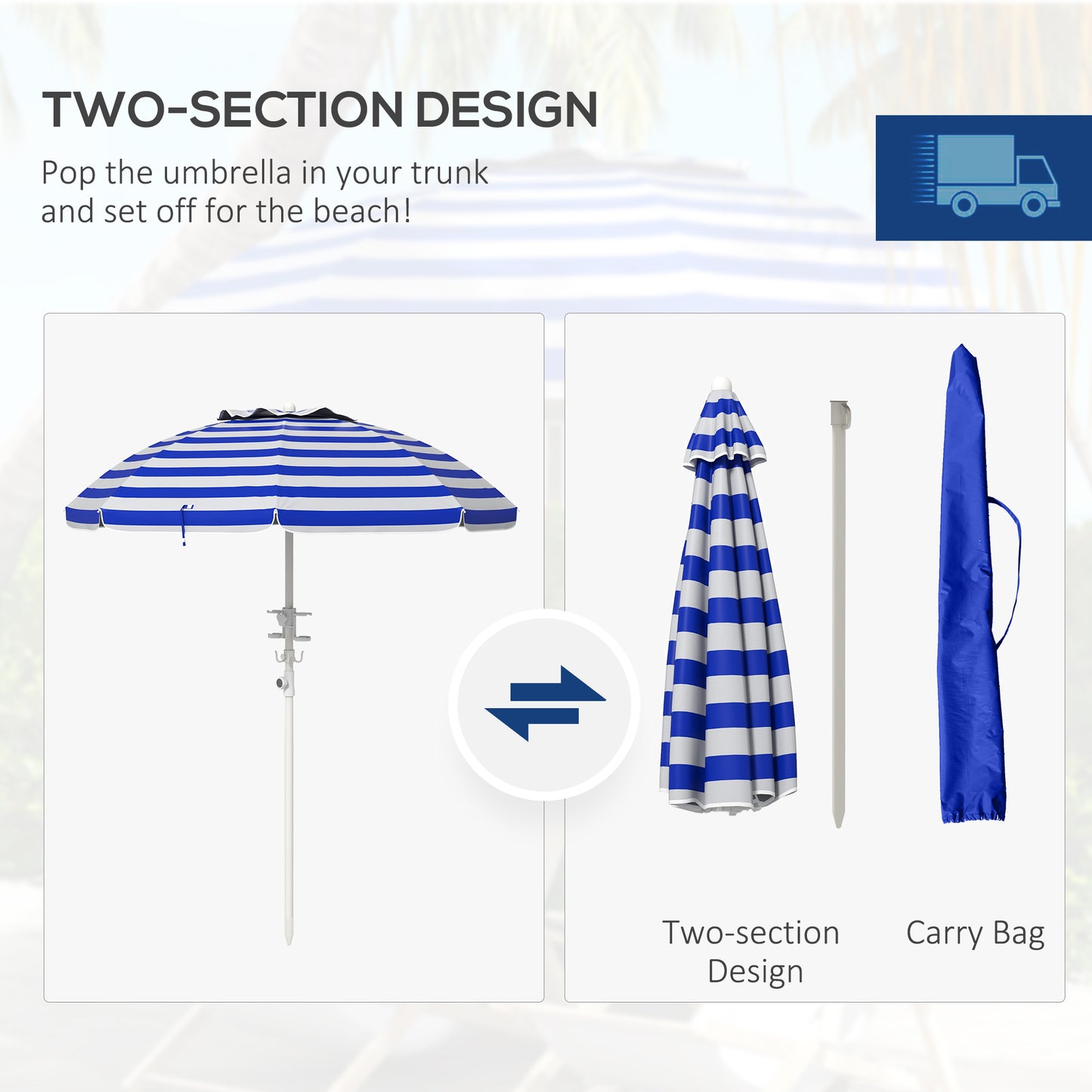 Blue and white striped beach umbrella with a white pole and adjustable hooks