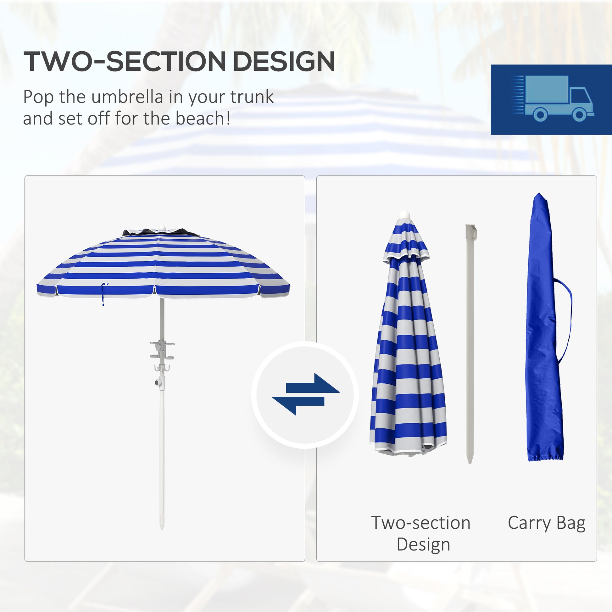 Blue and white striped beach umbrella with a white pole and adjustable hooks