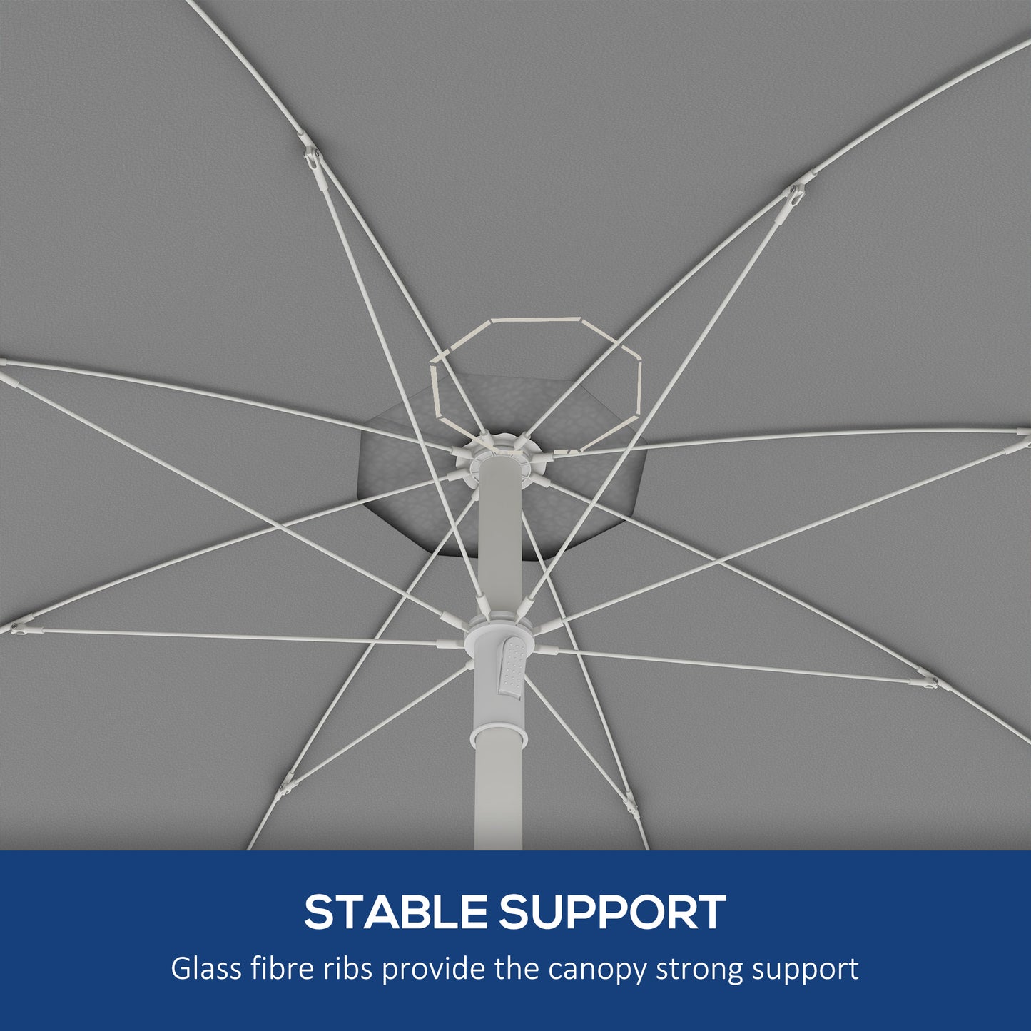 Grey outdoor umbrella canopy interior with white fiberglass ribs providing stable support