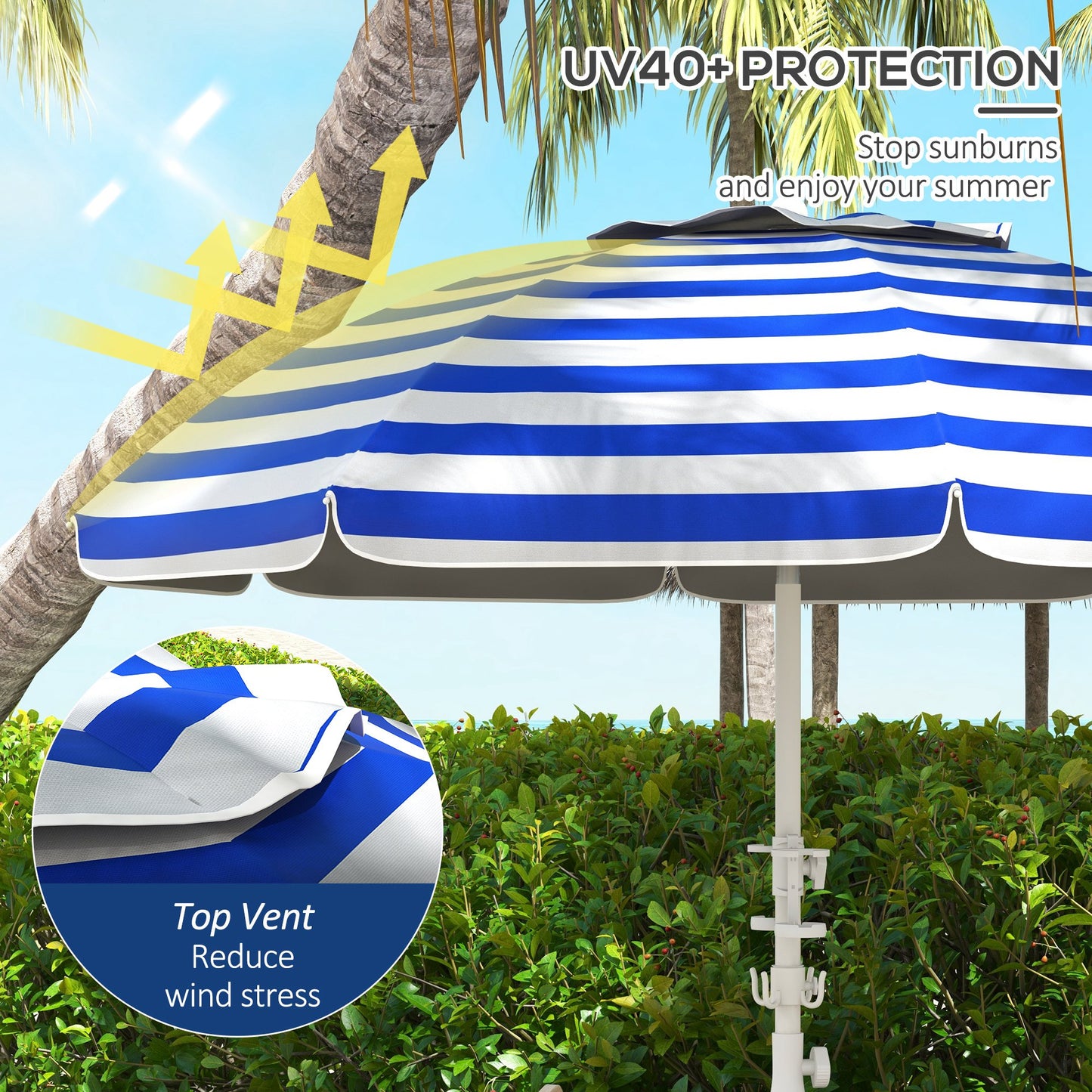 Blue and white striped patio umbrella with UV protection in sunny outdoor setting