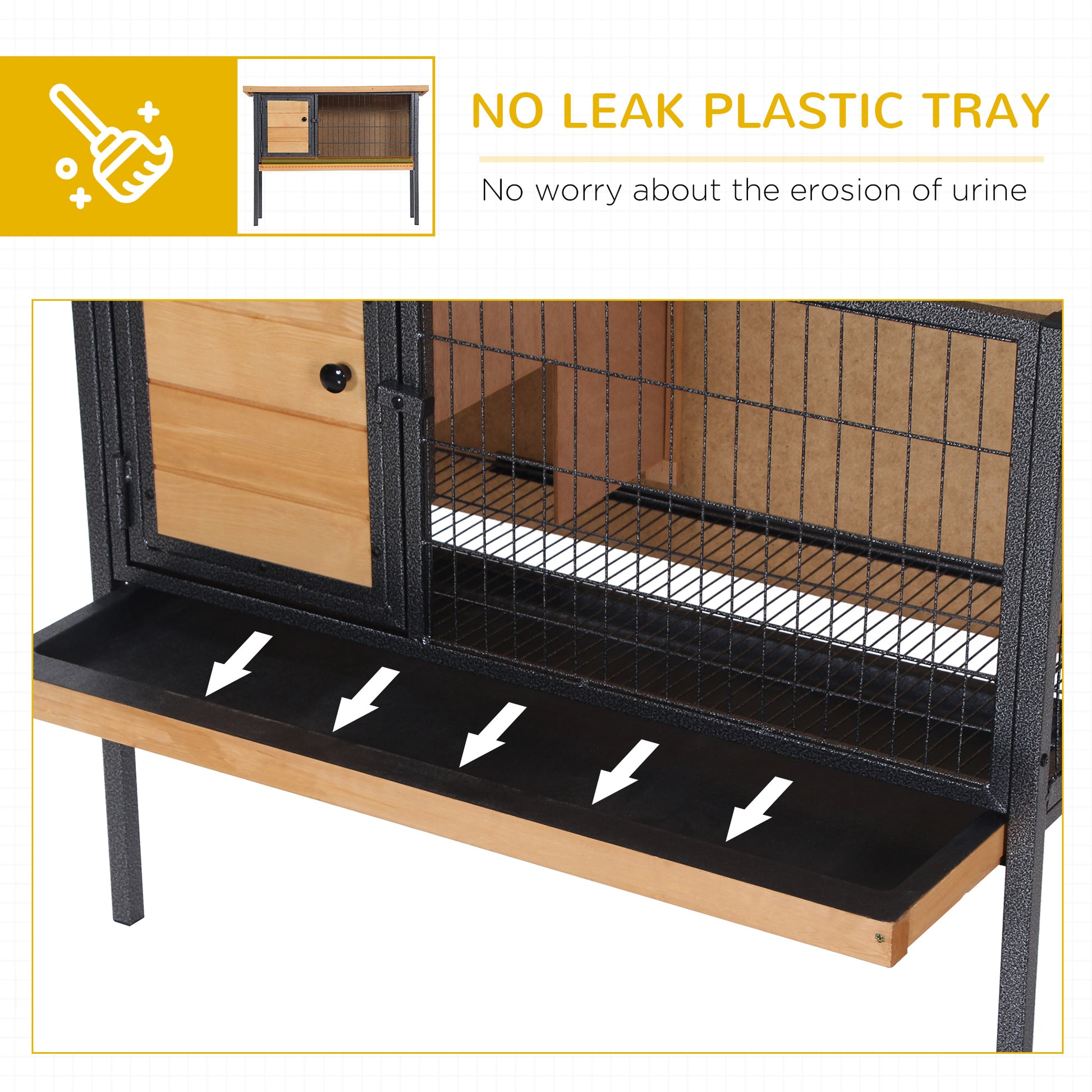 Wooden and metal hutch with a slideout plastic tray for easy cleaning