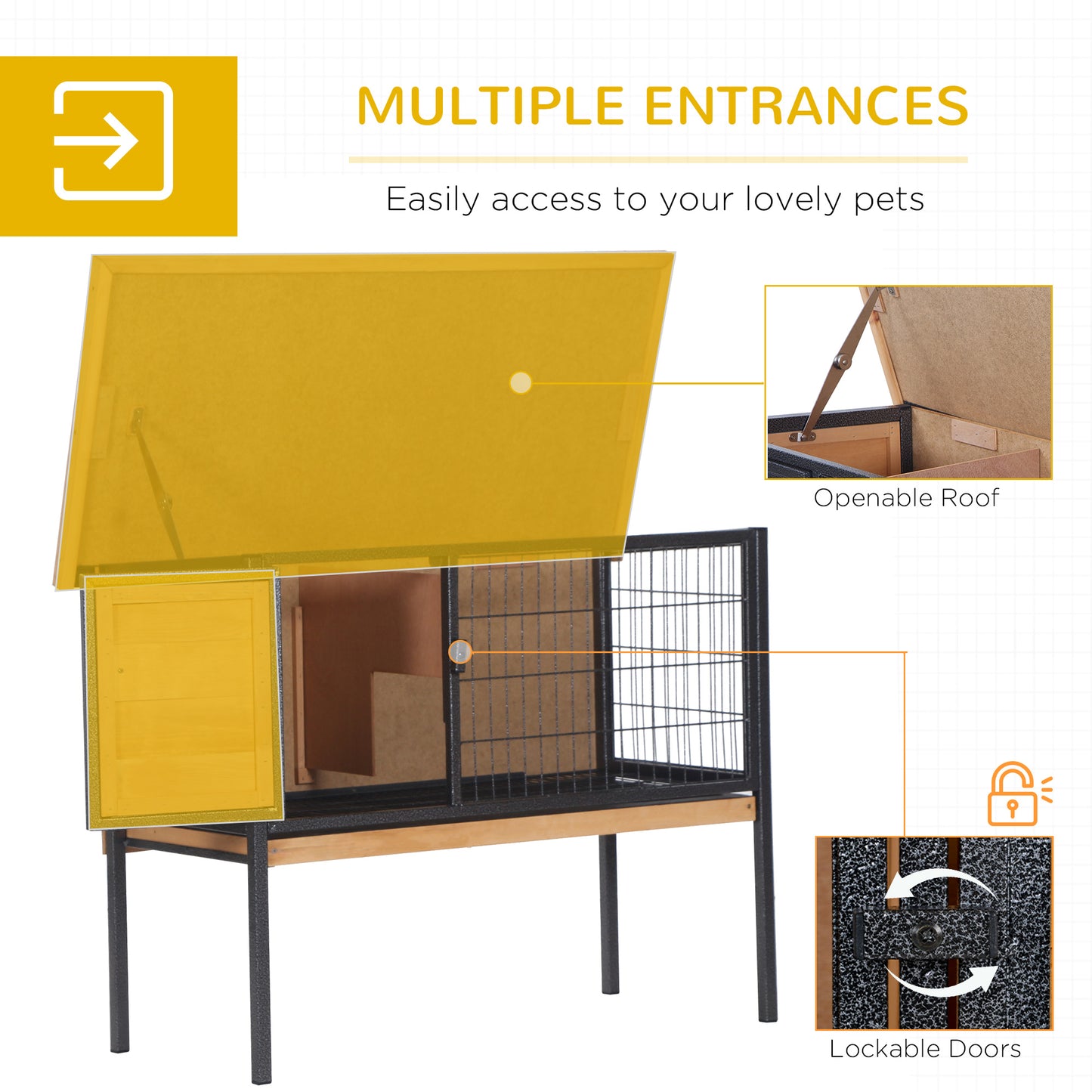 Wooden and wire rabbit hutch with yellow doors and an openable roof for pet access