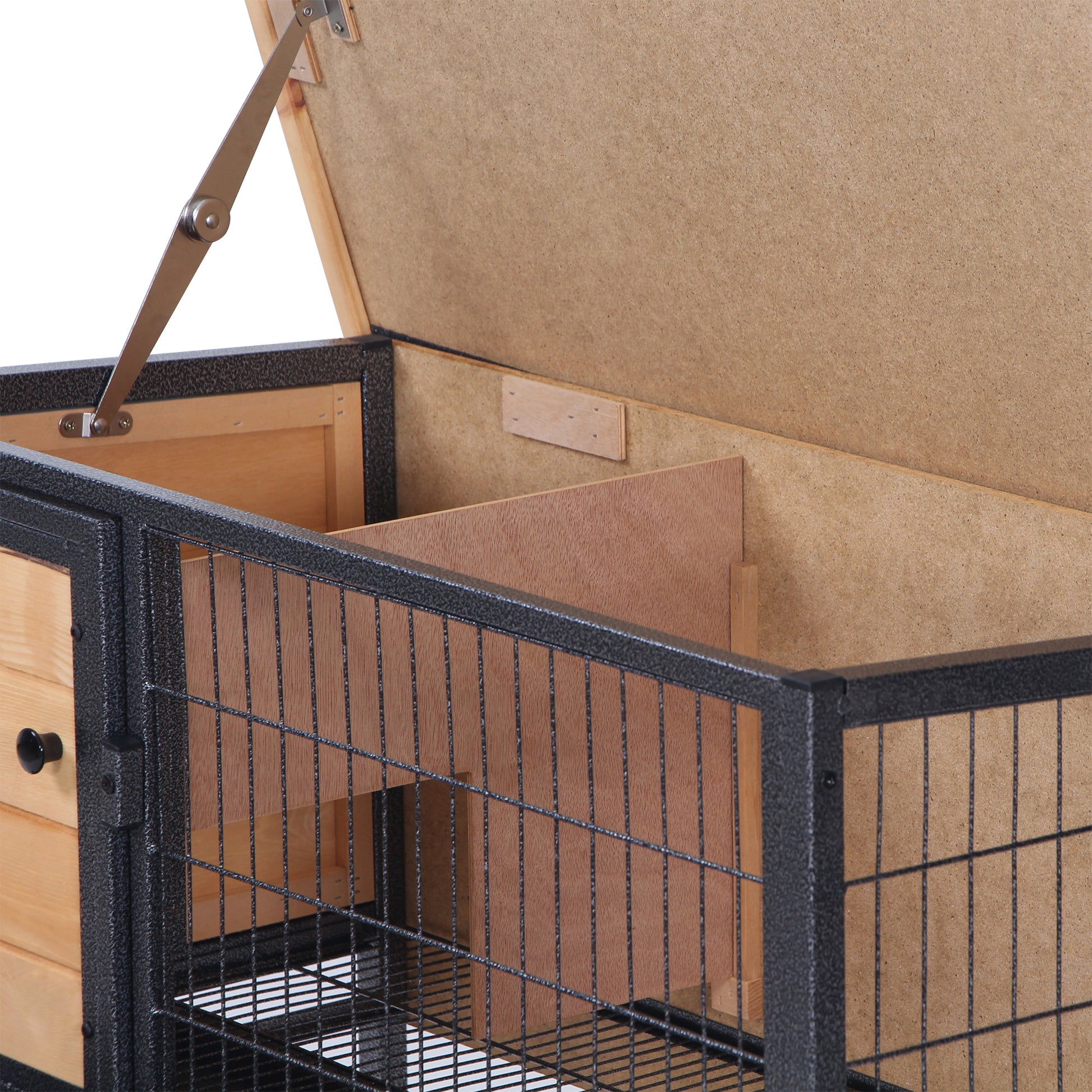 Wooden chicken coop with open lid showing interior nesting boxes