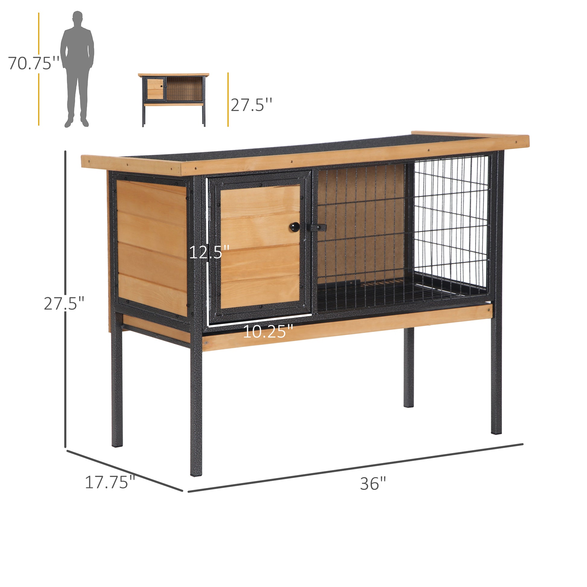 Wooden rabbit hutch with black metal frame featuring a divided enclosure and ramp access