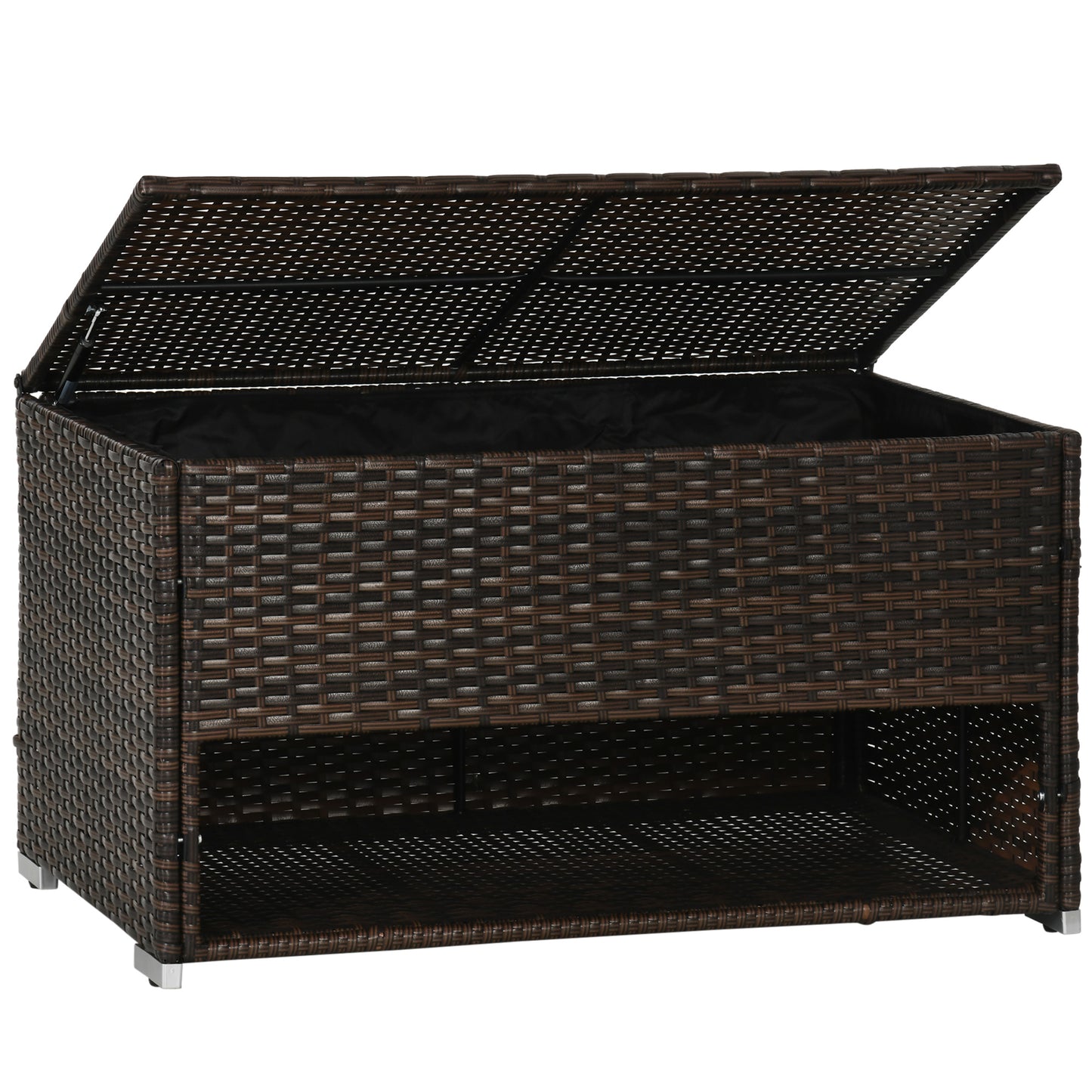 Dark brown rattan storage bench with open lid and lower shelf for outdoor use