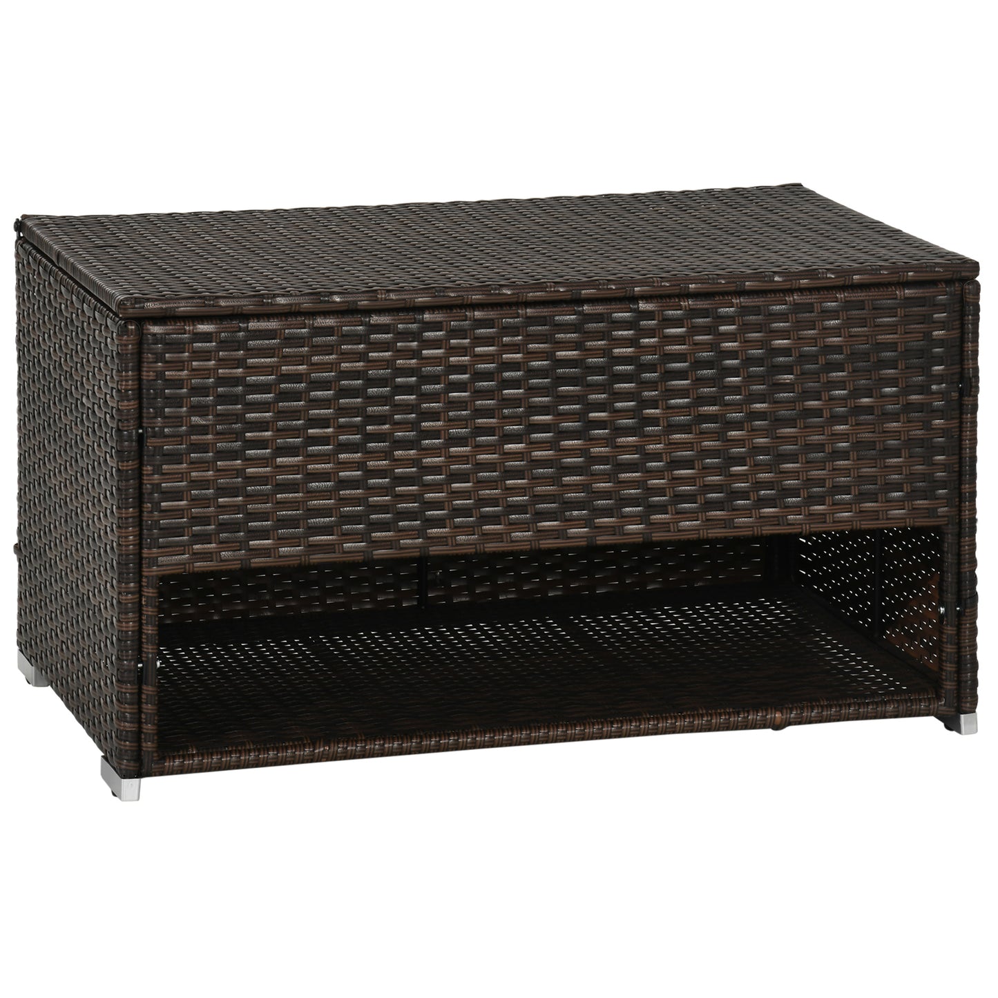 Dark brown wicker storage bench with an open shelf and silver feet