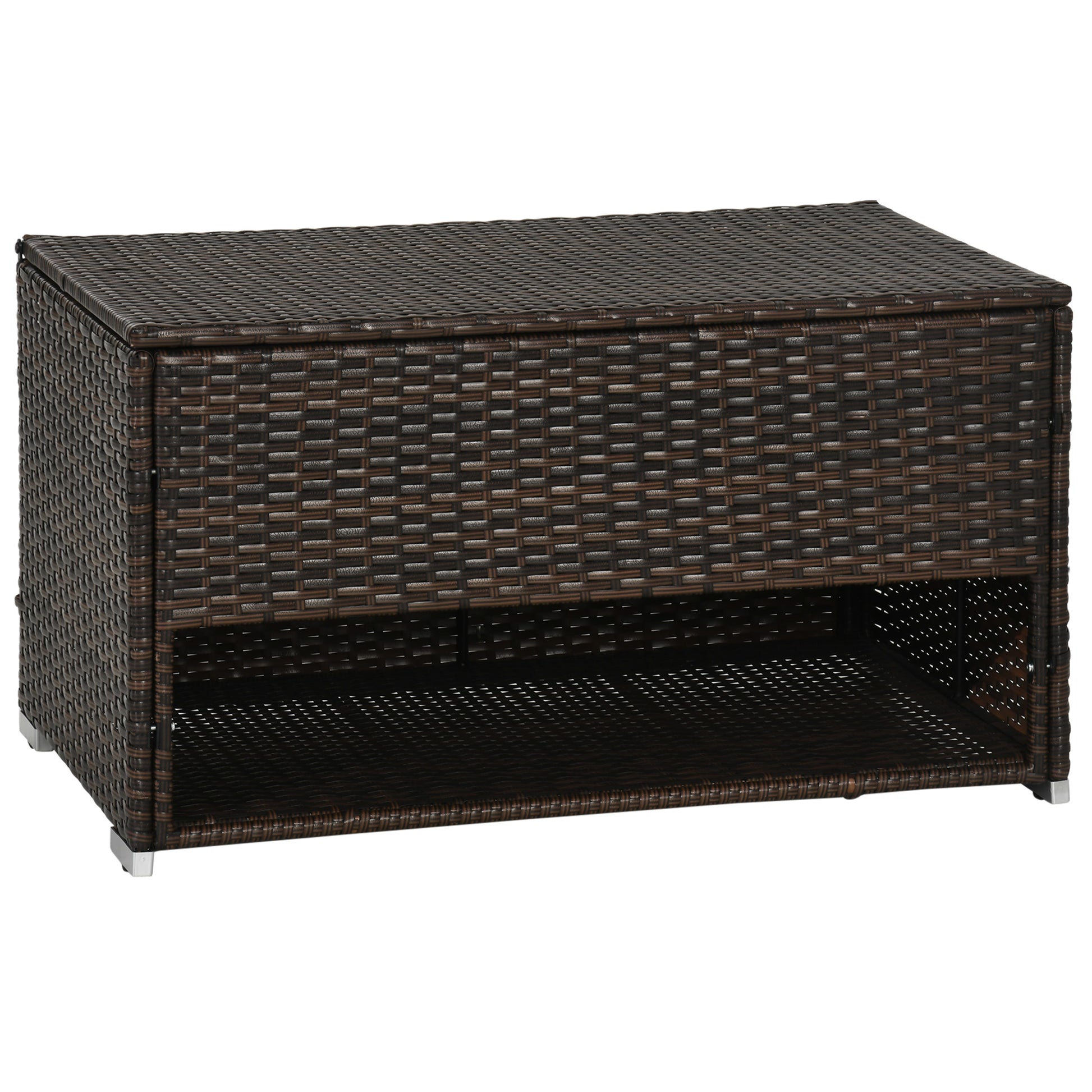 Dark brown wicker storage bench with an open shelf and silver feet