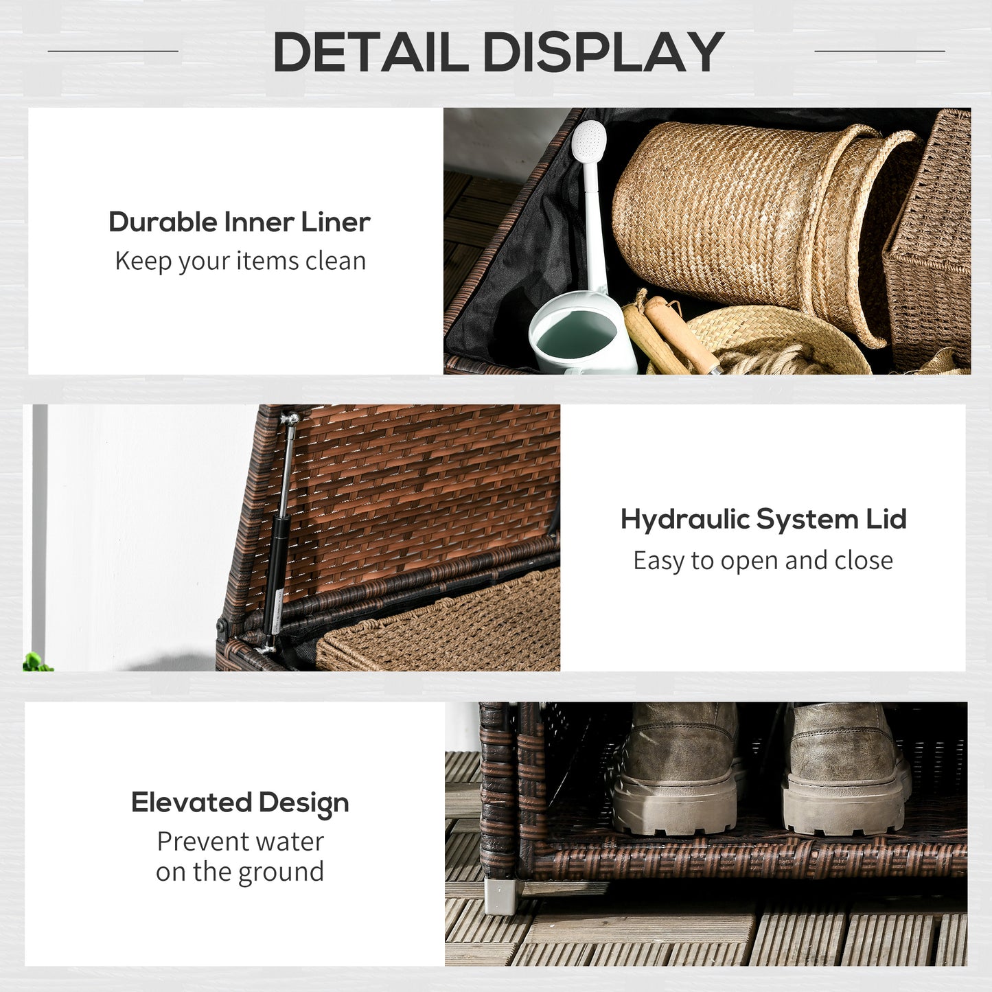 Brown wicker storage bench with a durable inner liner for clean item storage