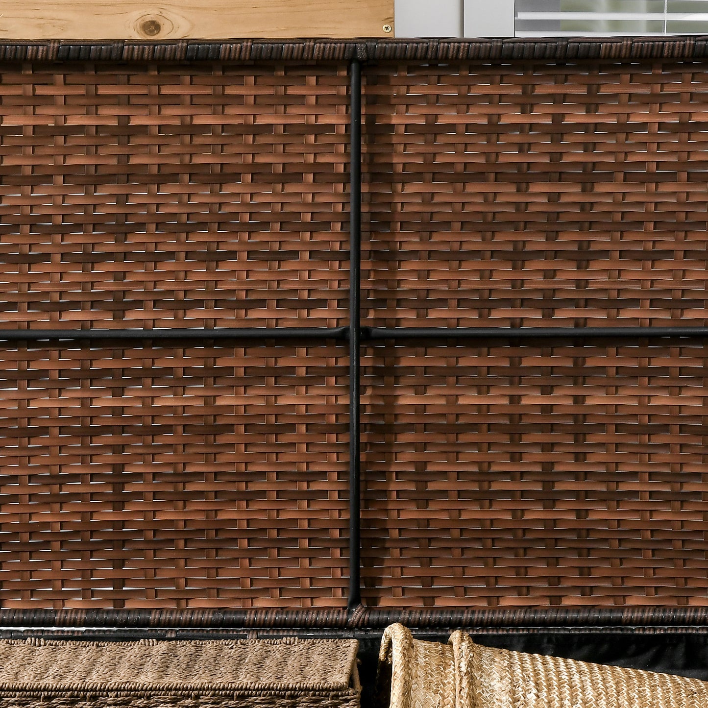 Brown wicker storage unit closeup textured weave detail