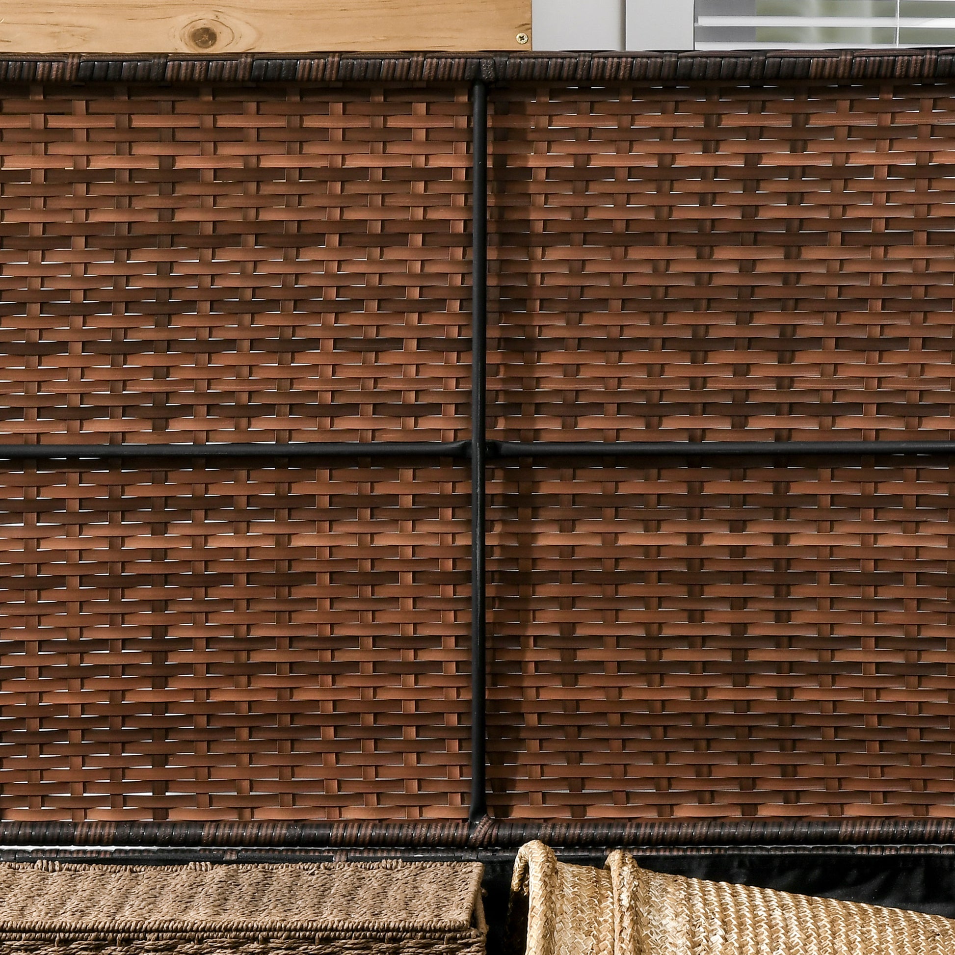 Brown wicker storage unit closeup textured weave detail