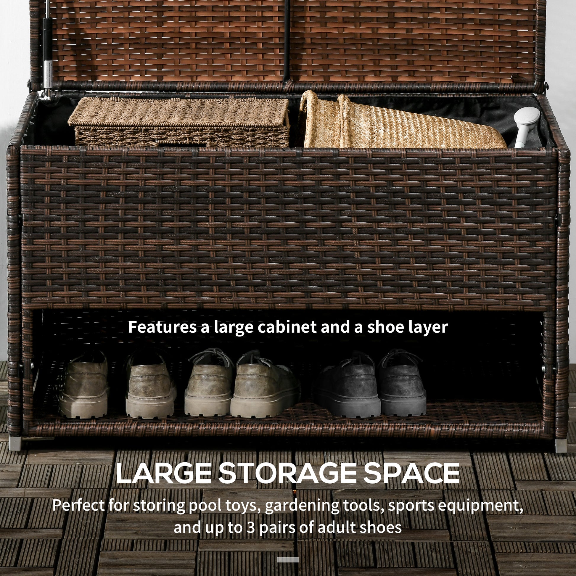 Brown wicker storage bench with open top revealing baskets and a shoe shelf below