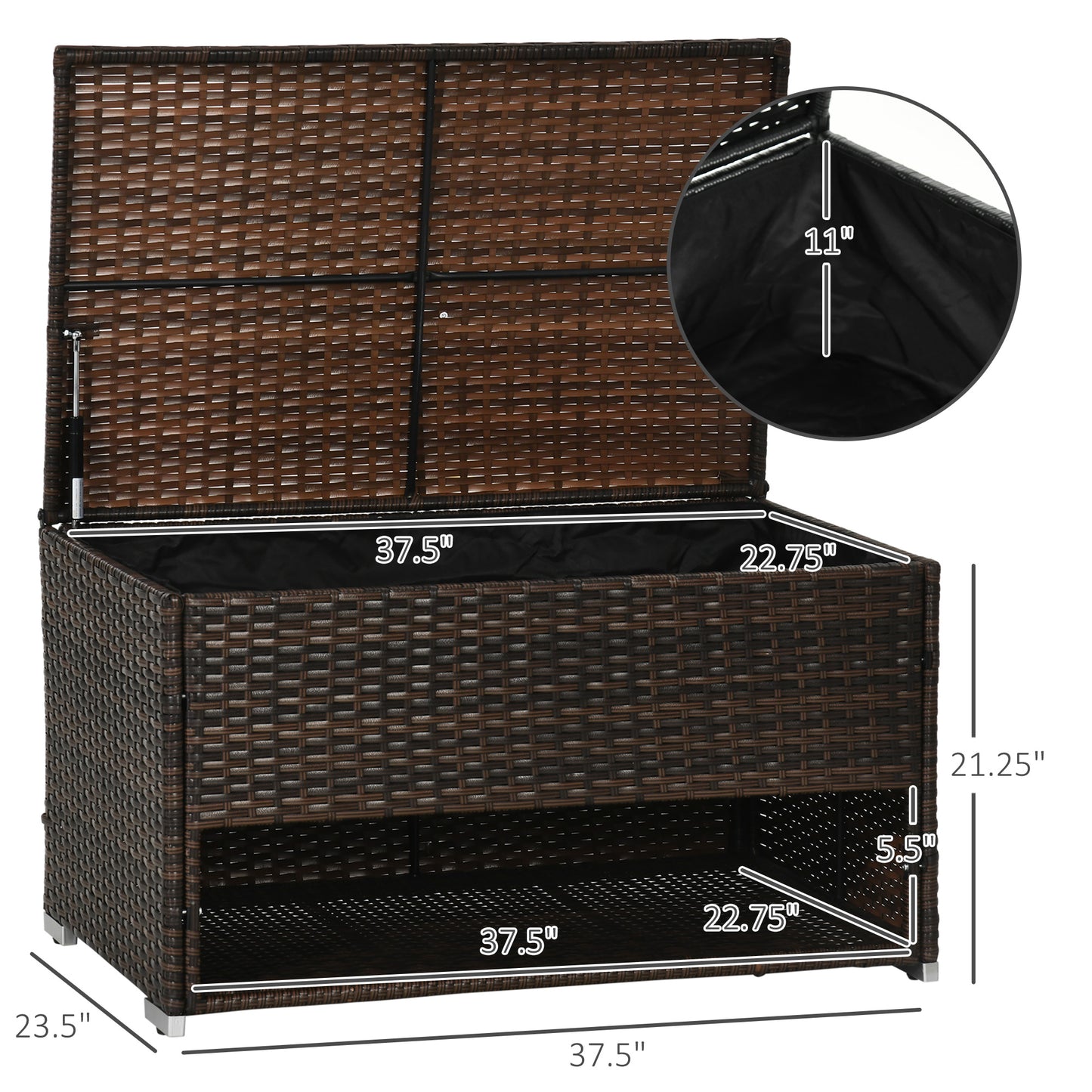 Brown wicker outdoor storage bench with hinged lid and open bottom shelf