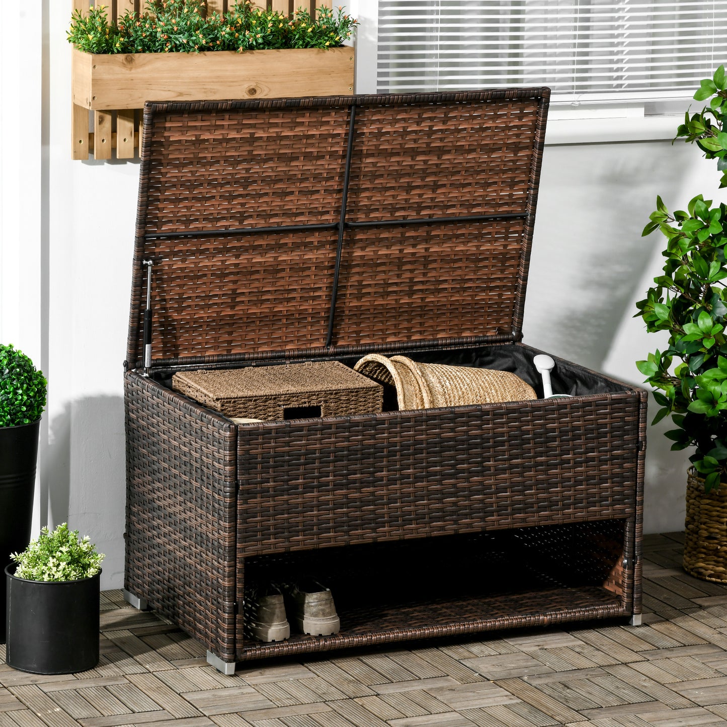 Brown wicker storage bench with open lid revealing storage baskets