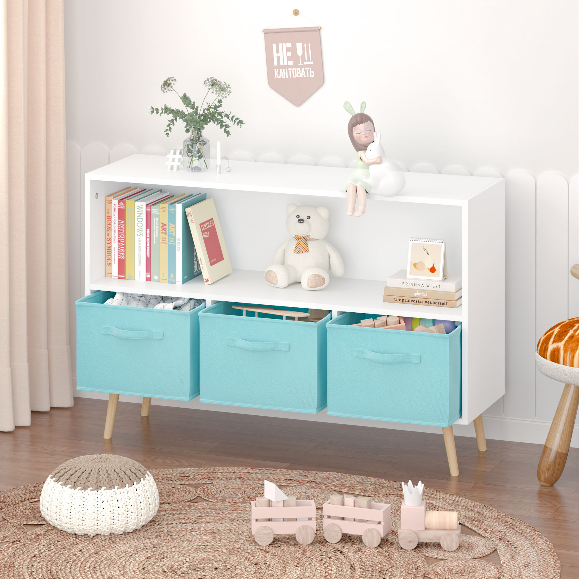 White modern cube storage organizer with light blue fabric bins for toy storage