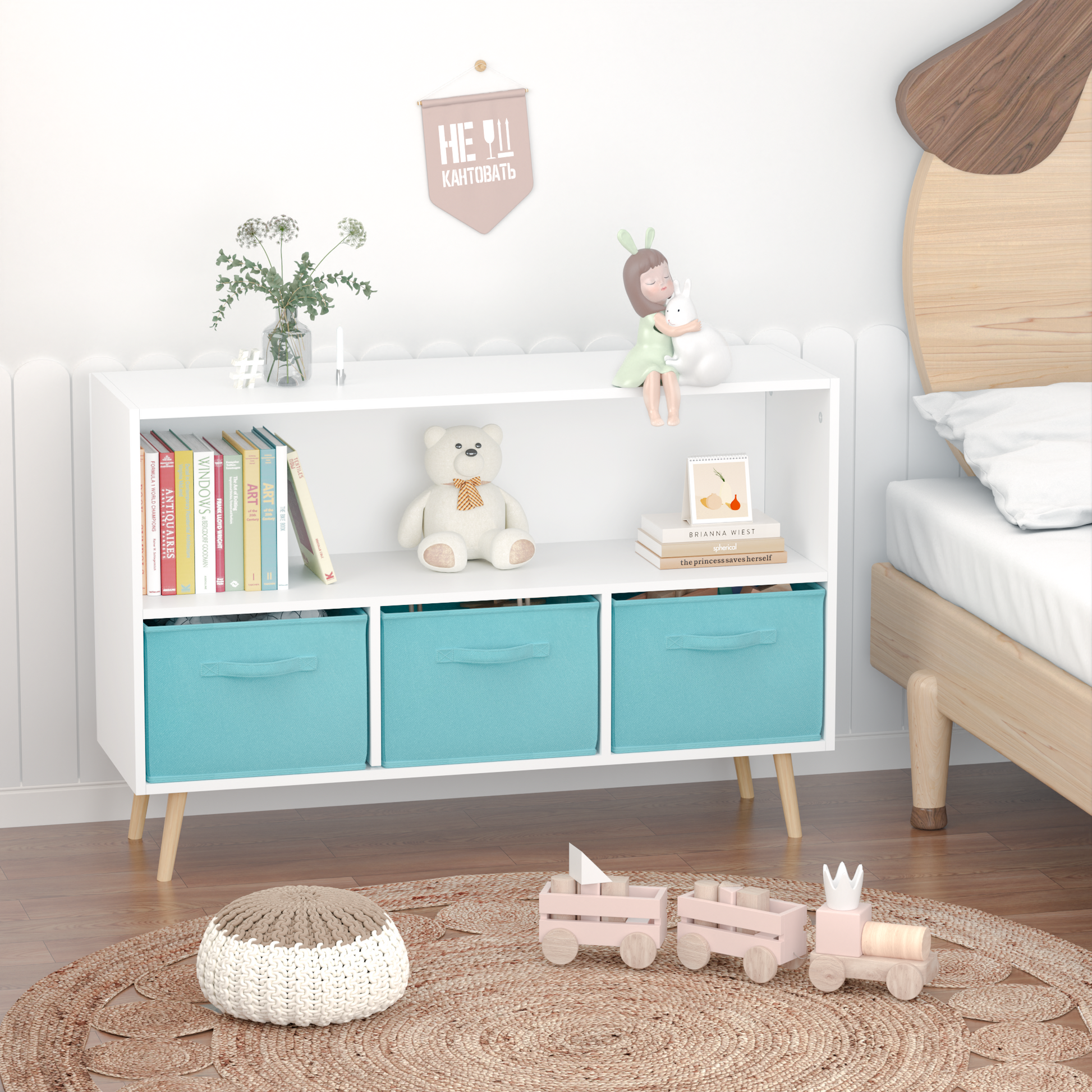 White modern bookshelf with teal fabric storage cubes and wooden legs