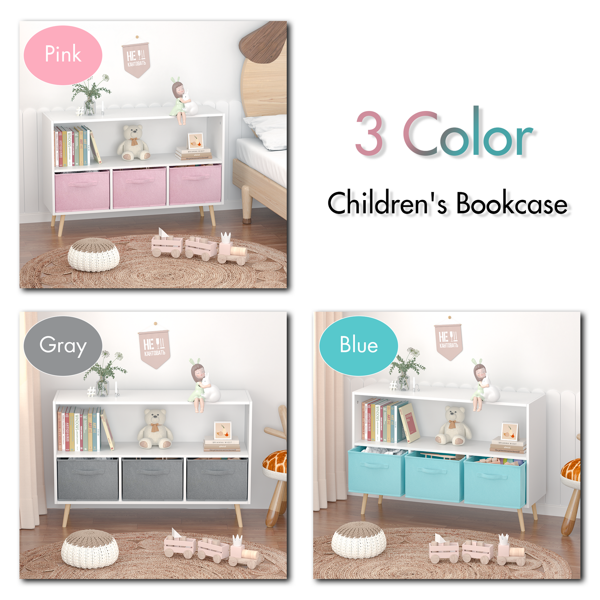 White childrens bookcase with three pink storage bins and wooden legs