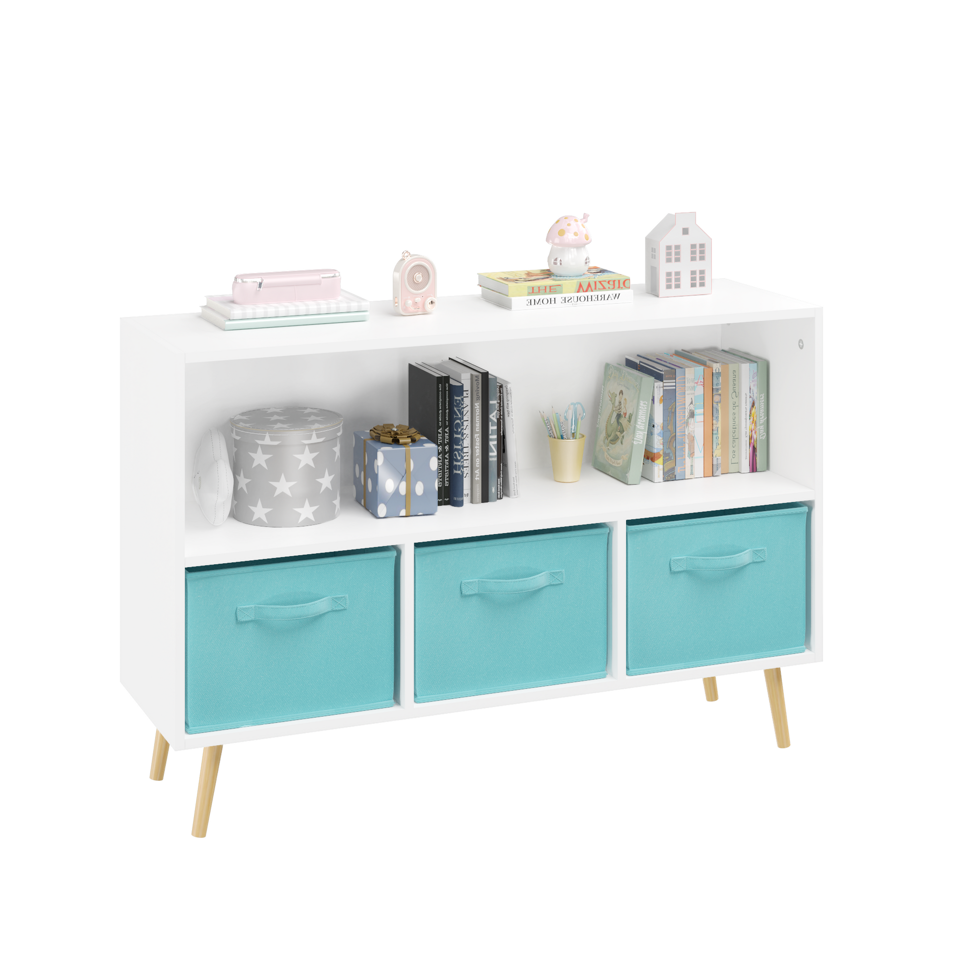 White bookcase with three teal fabric storage bins and wooden legs ideal for kids room