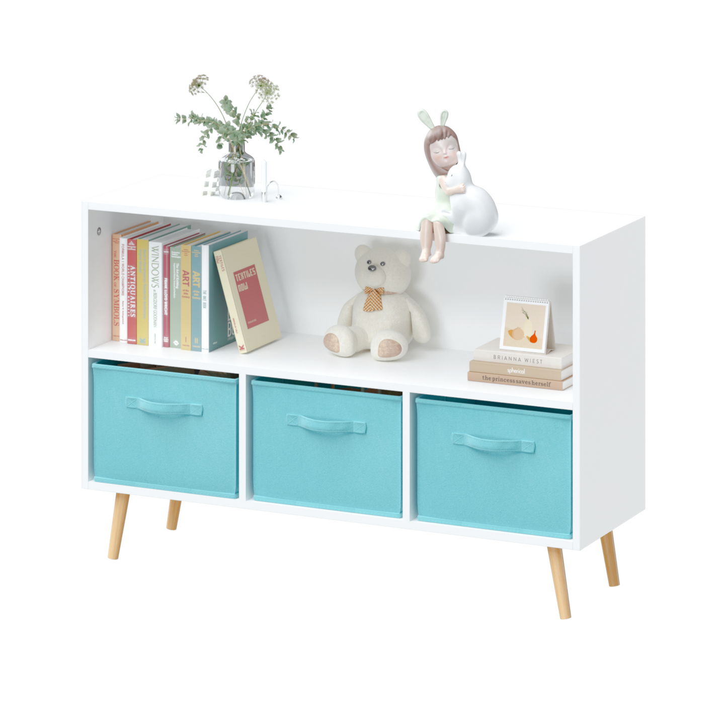 White cube storage unit with three teal fabric bins and wooden legs holding books and decor