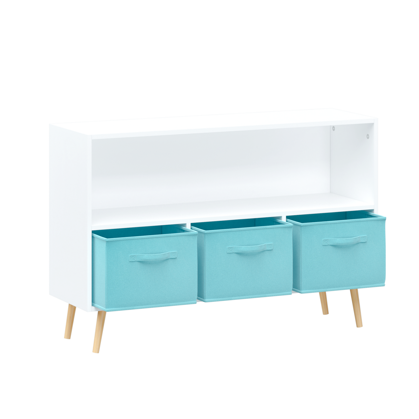 White storage unit with three teal fabric bins and tapered wooden legs ideal for playrooms