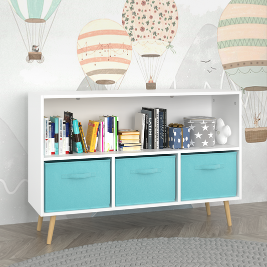 White bookcase with three teal fabric storage cubes and wooden legs displaying books and decor