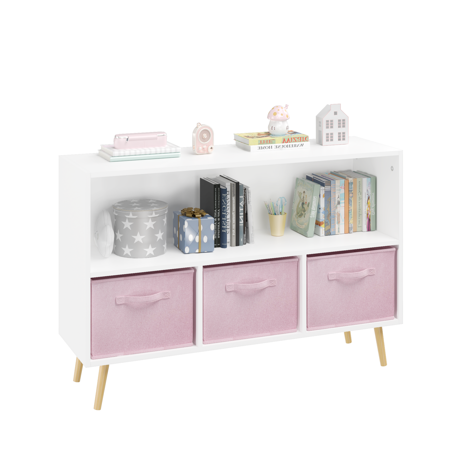 White cube bookshelf with three pink fabric drawers and wooden legs  characters