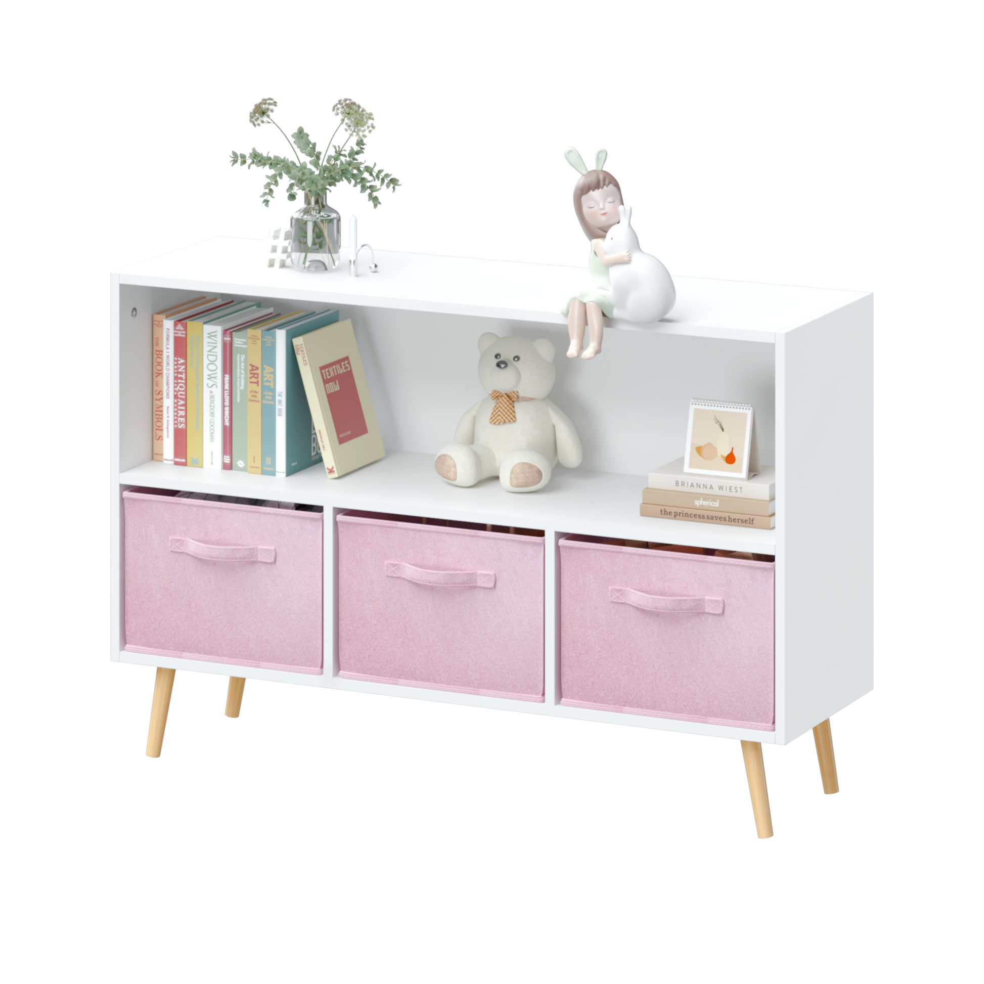 White cube storage shelf with pink fabric drawers and wooden legs