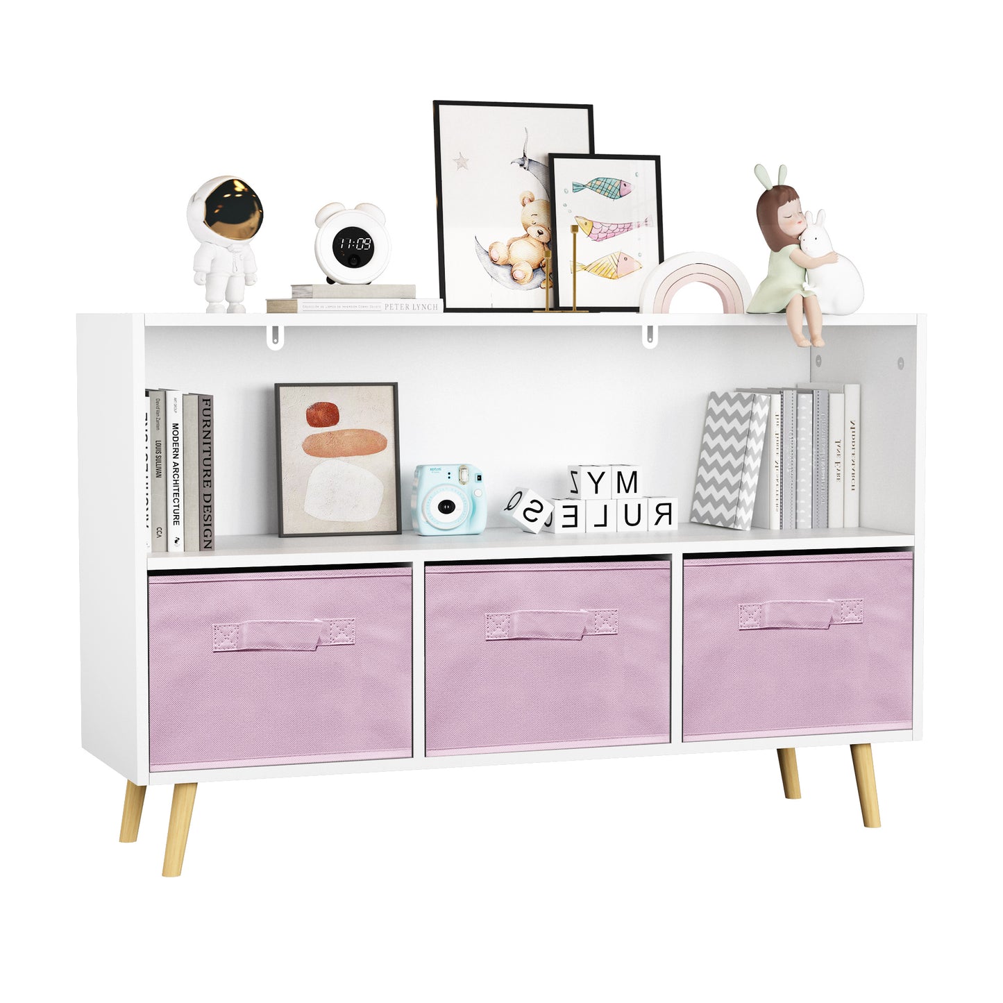 White modern bookshelf with three pink fabric storage bins and wooden legs