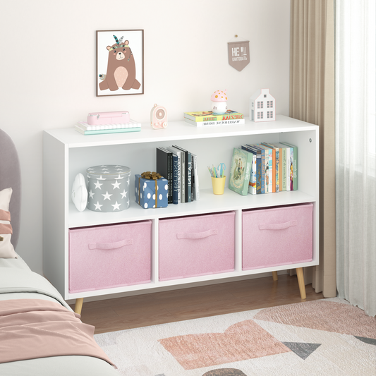 White bookshelf with three pink fabric storage cubes and wooden legs ideal for childrens rooms