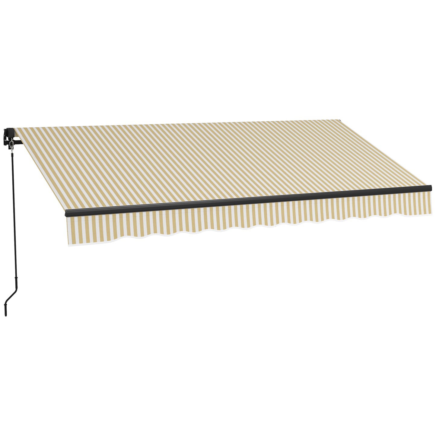 Retractable awning with beige and white stripes scalloped valance and crank arm