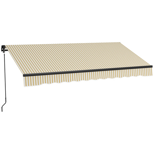 Retractable awning with beige and white stripes scalloped valance and crank arm