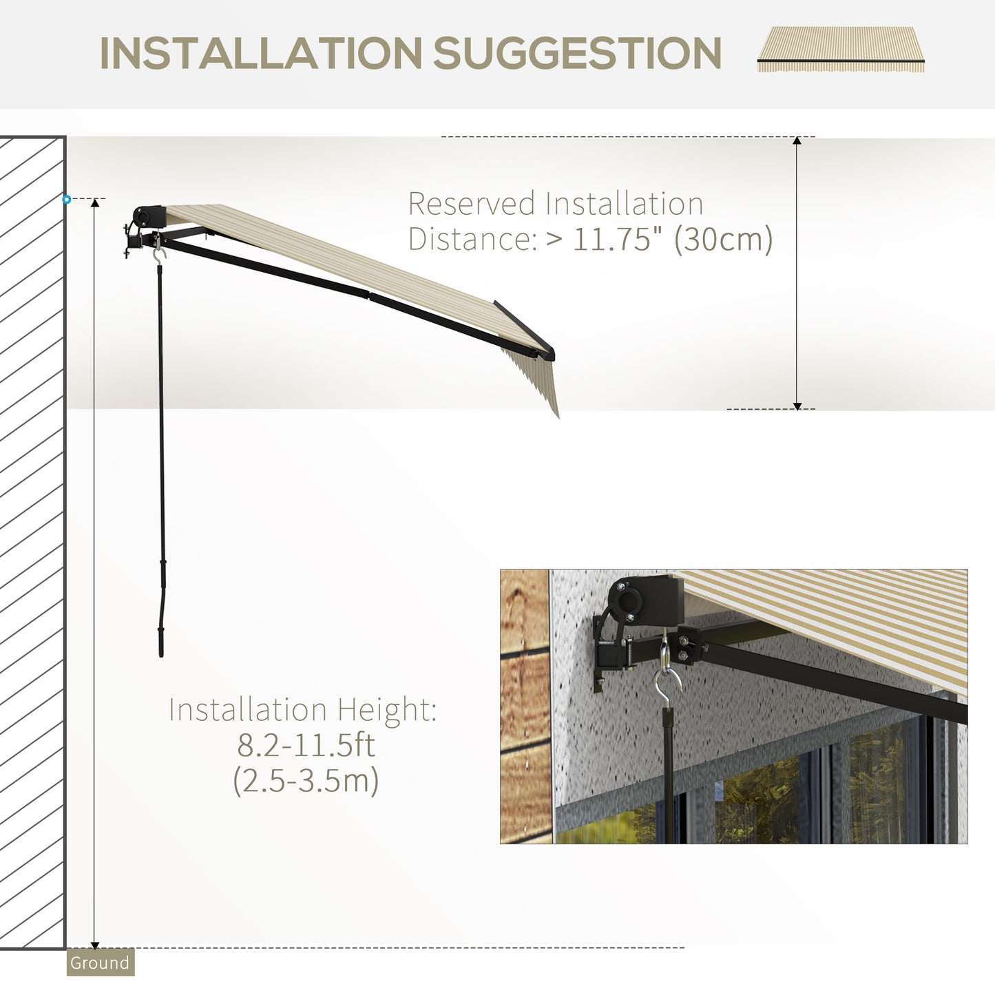 Retractable awning with beige and white stripes showing installation height of ft
