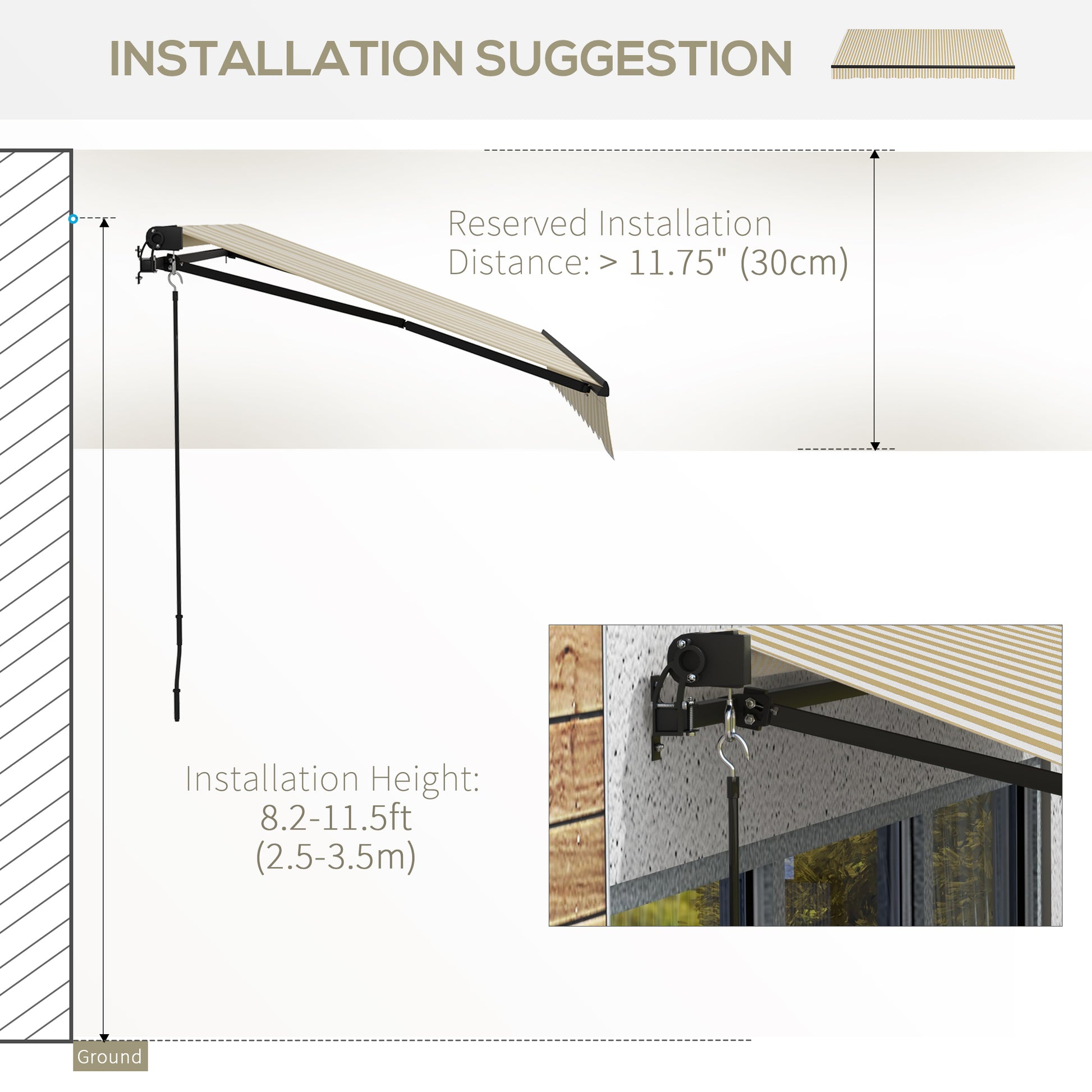 Retractable awning with beige and white stripes showing installation height of ft