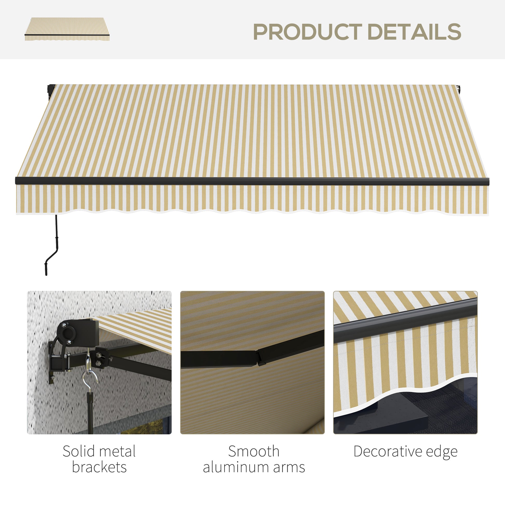 Striped beige and white retractable awning with black frame and scalloped edge