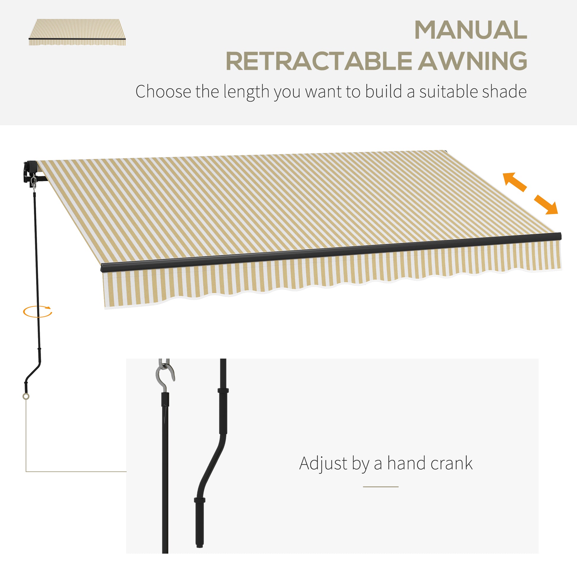 Manual retractable awning with beige and white stripes ideal for patios