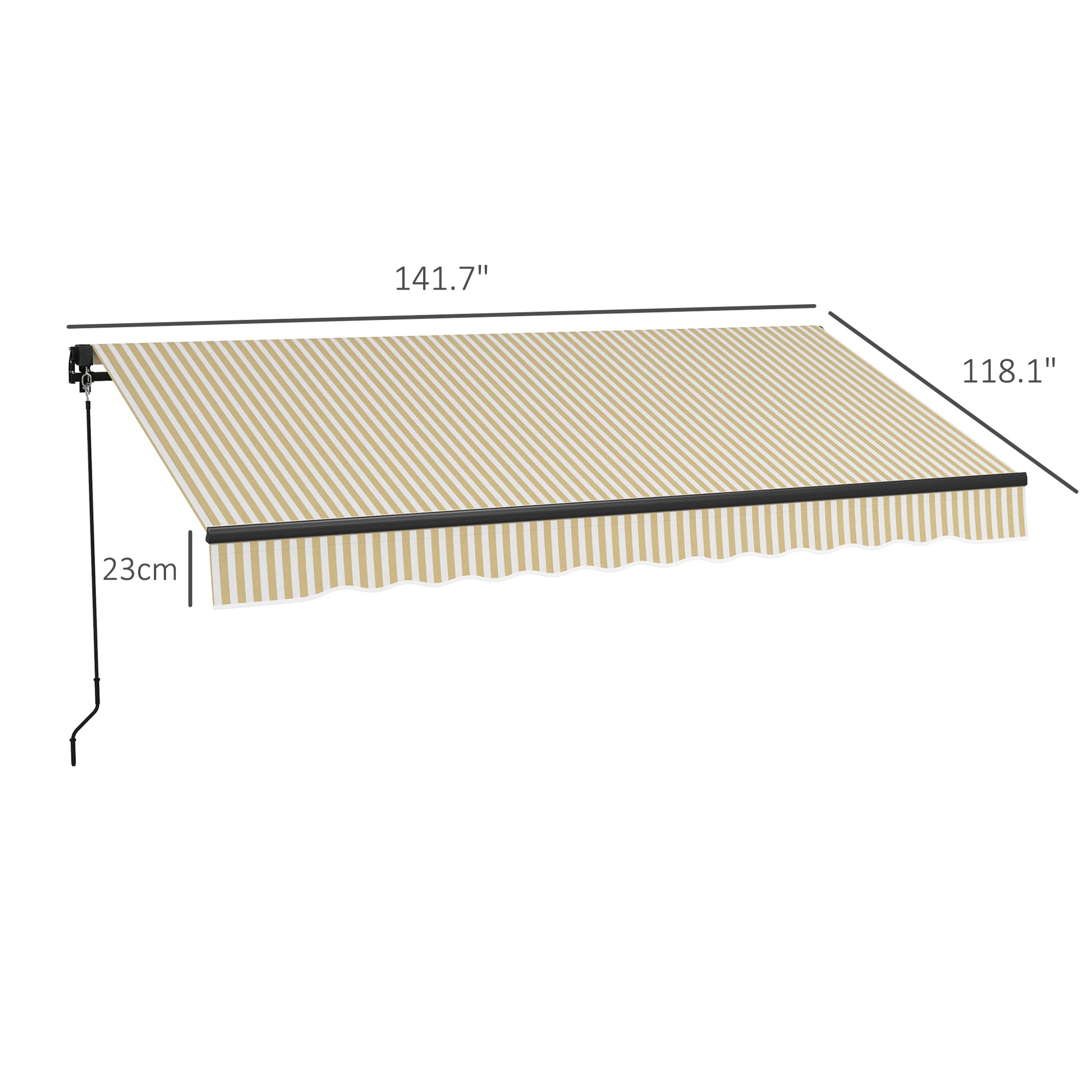 Retractable awning in beige and white stripes  wide with scalloped edge