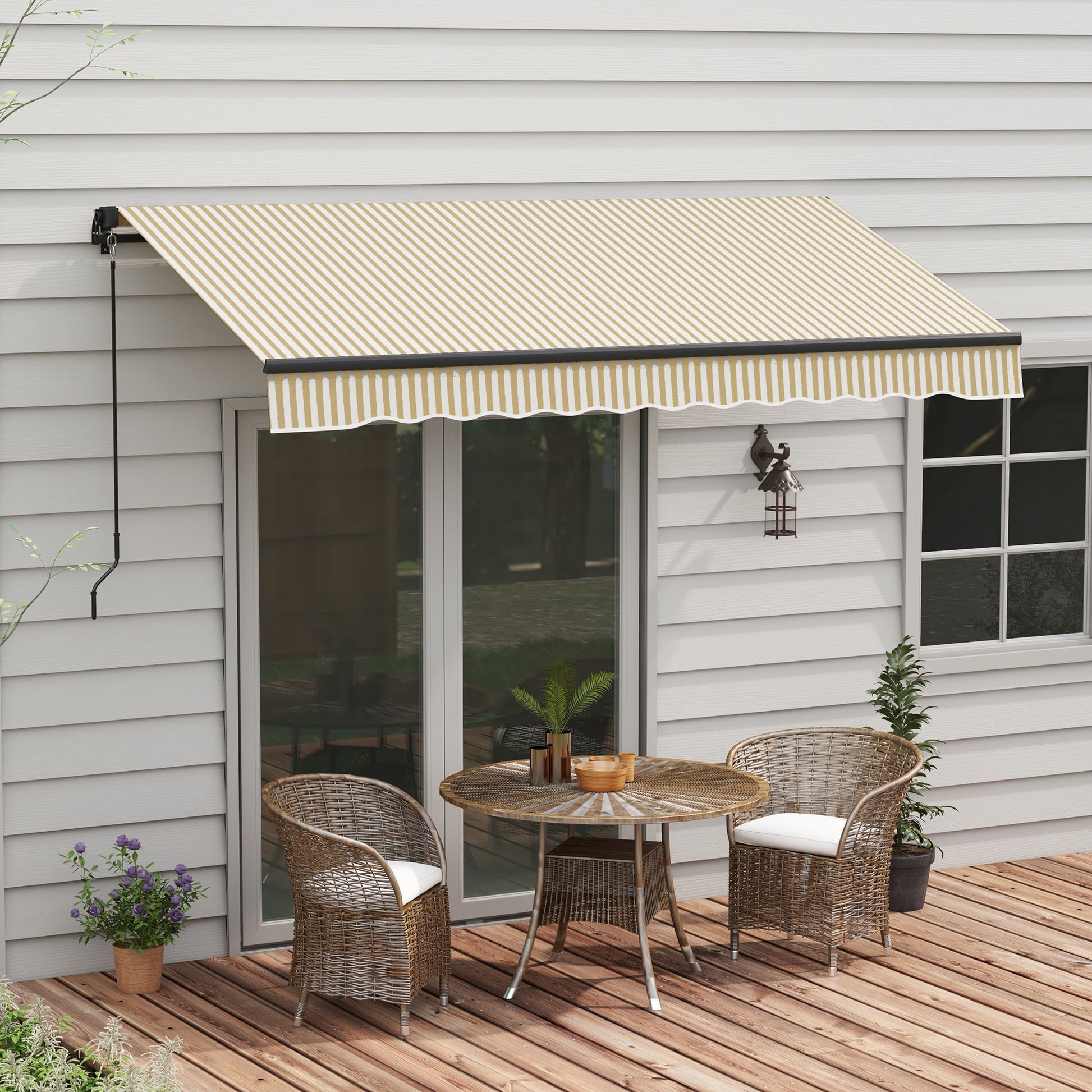 Retractable patio awning with beige and white stripes offering sun protection