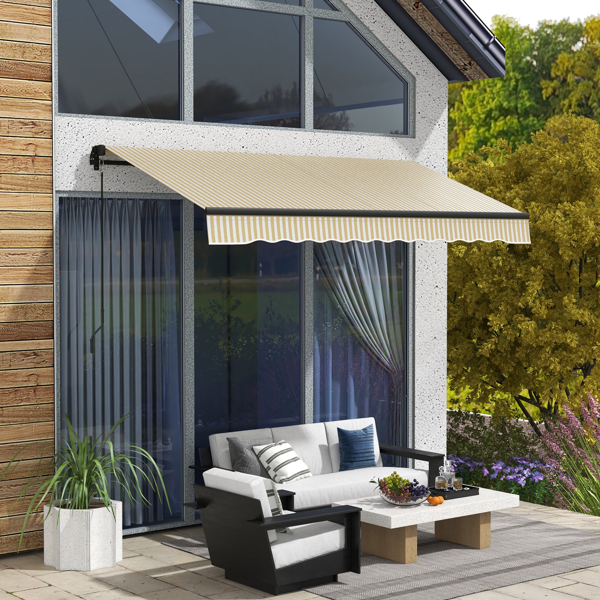 Retractable awning with beige and white stripes providing shade for patio seating