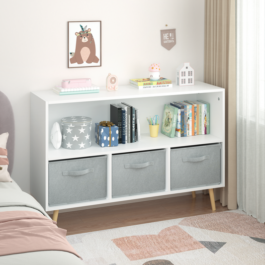 White cube storage shelf with grey fabric bins and wooden legs