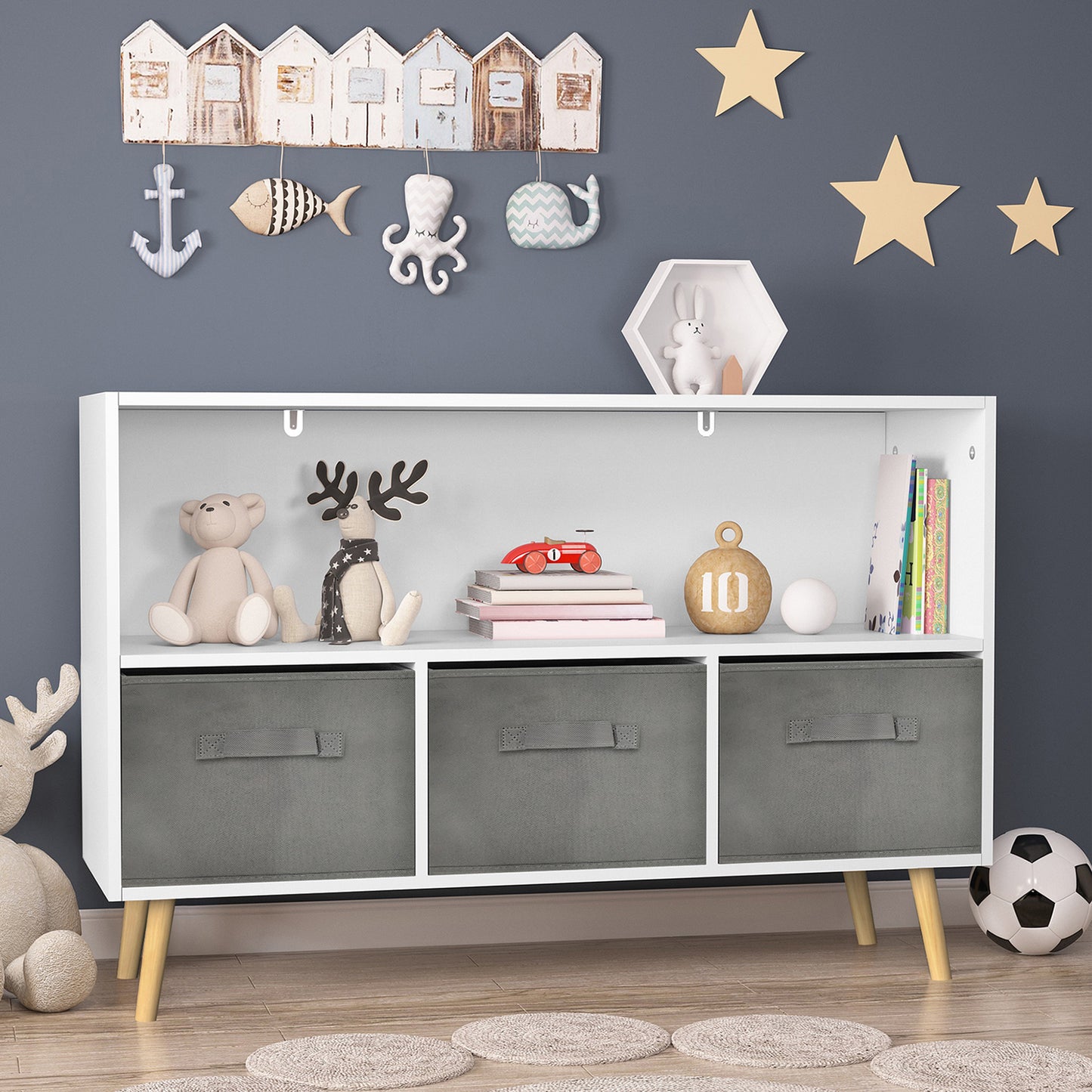 White bookcase with three grey fabric storage bins and wooden legs ideal for childrens room organization