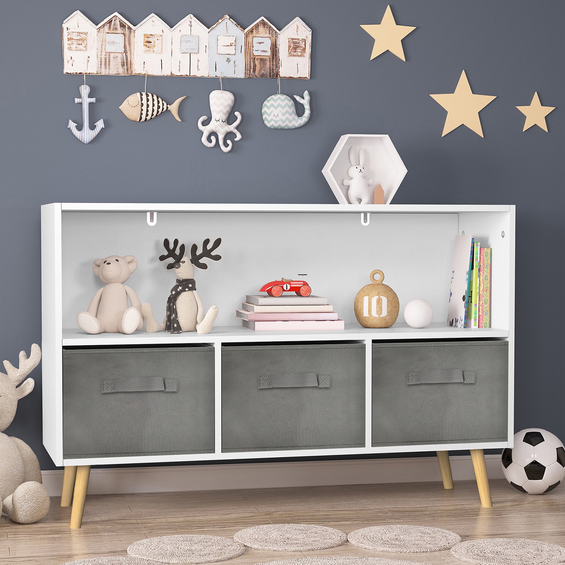 White bookcase with three grey fabric storage bins and wooden legs ideal for childrens room organization