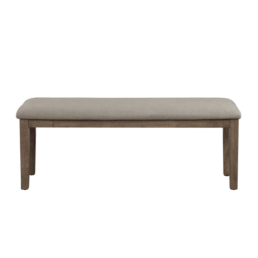 Upholstered dining bench with grey fabric seat and weathered wood frame