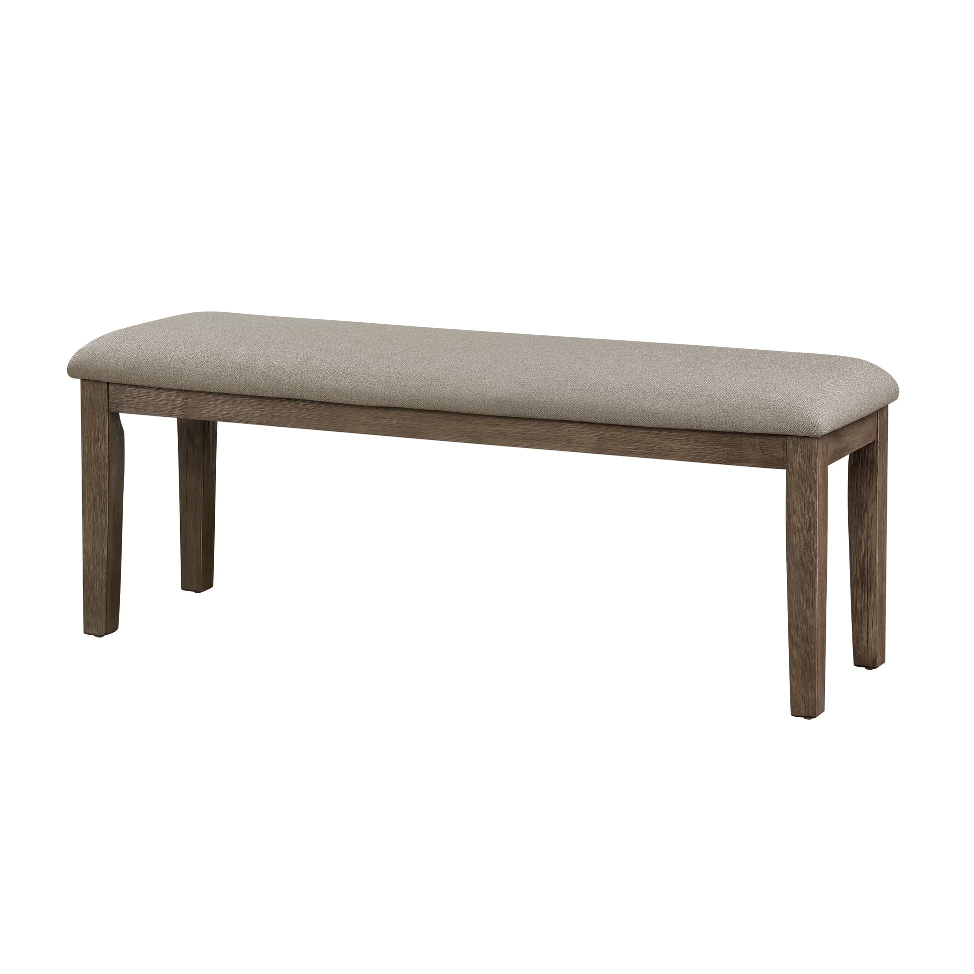 Padded dining bench with neutral grey fabric and a dark wood frame