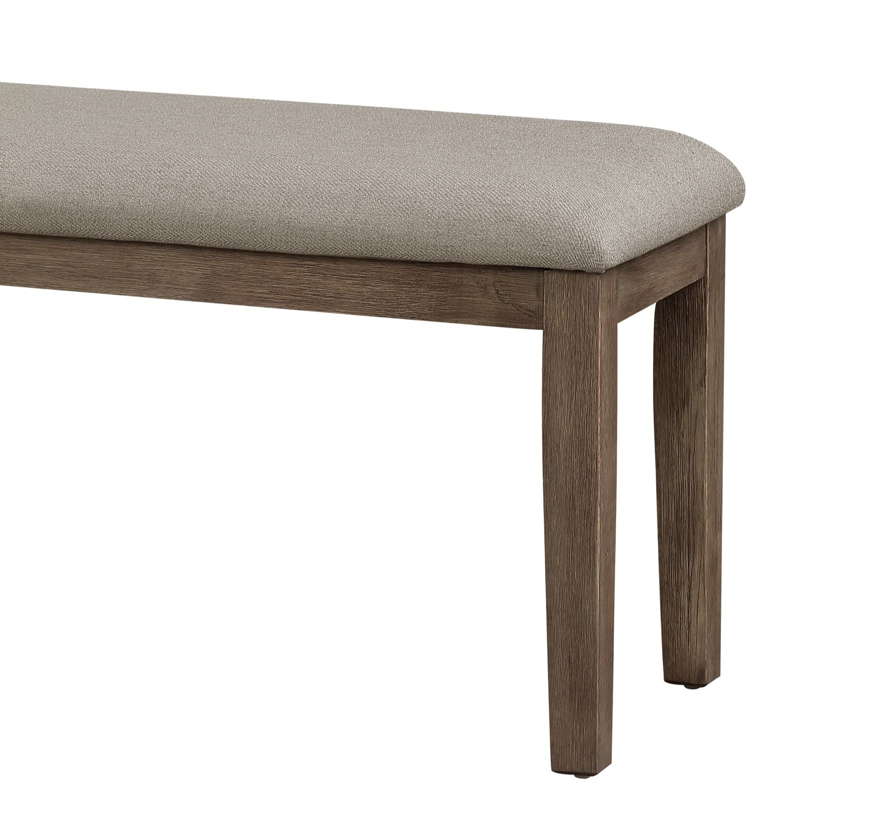 Upholstered dining bench with light gray woven fabric seat and dark oak wood legs