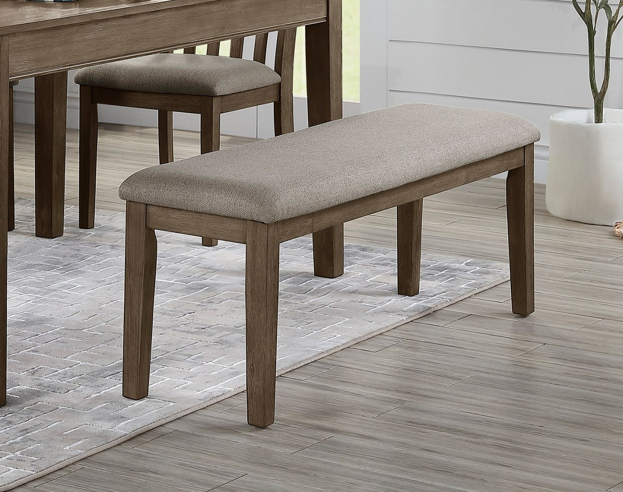 Upholstered dining bench with grey fabric seat and solid wood frame