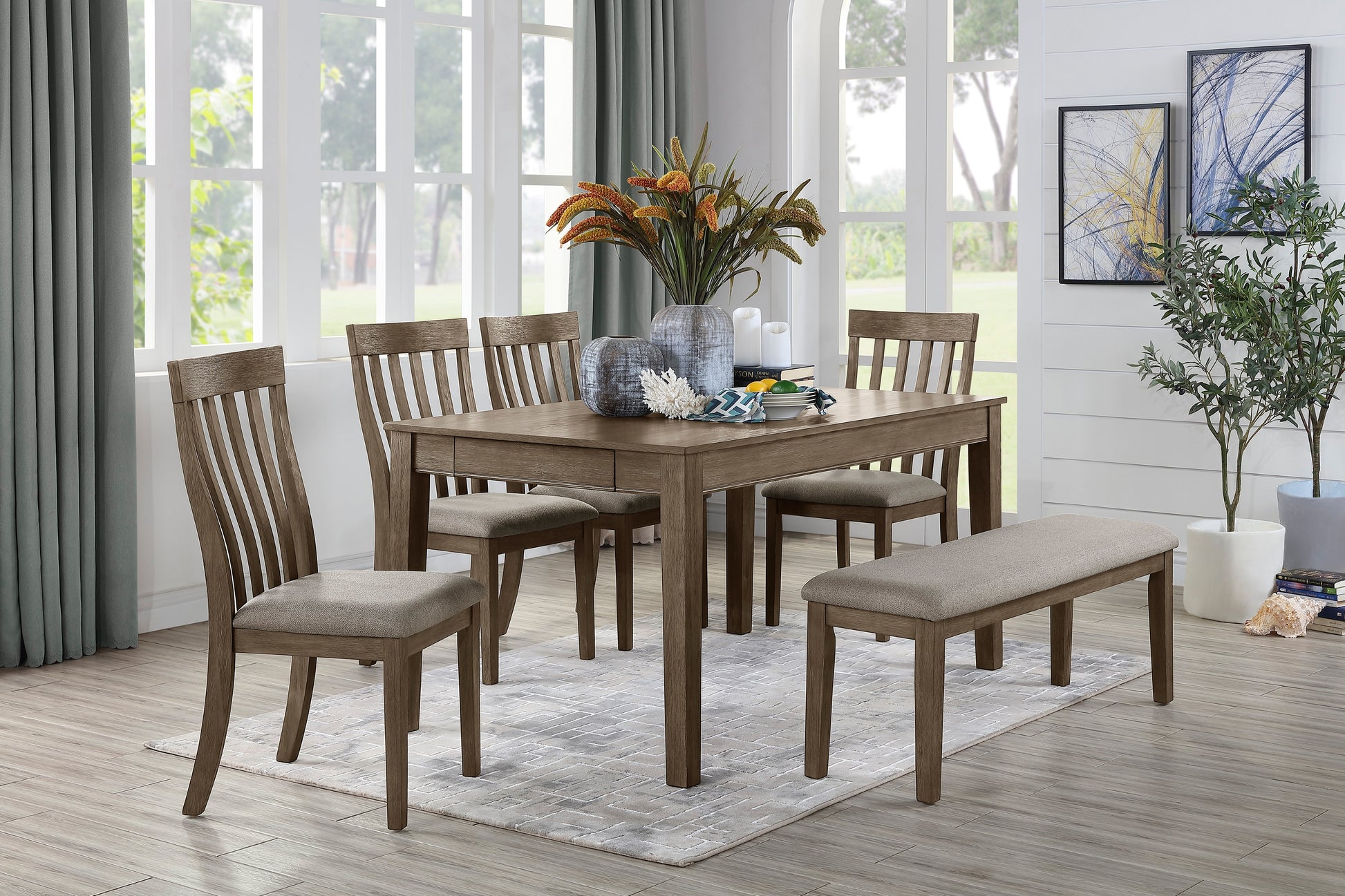 Brown wooden dining table with four chairs and a bench