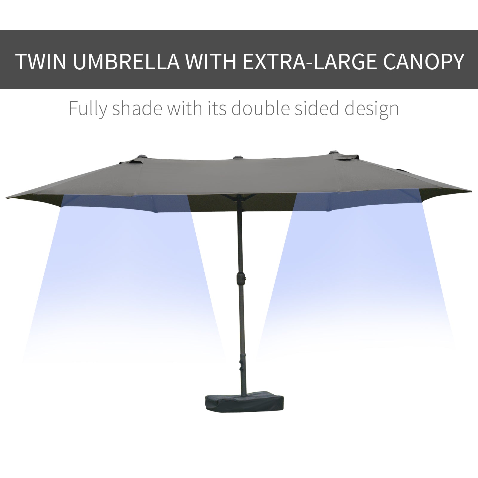 Dark grey twin umbrella with extralarge canopy ideal for patios