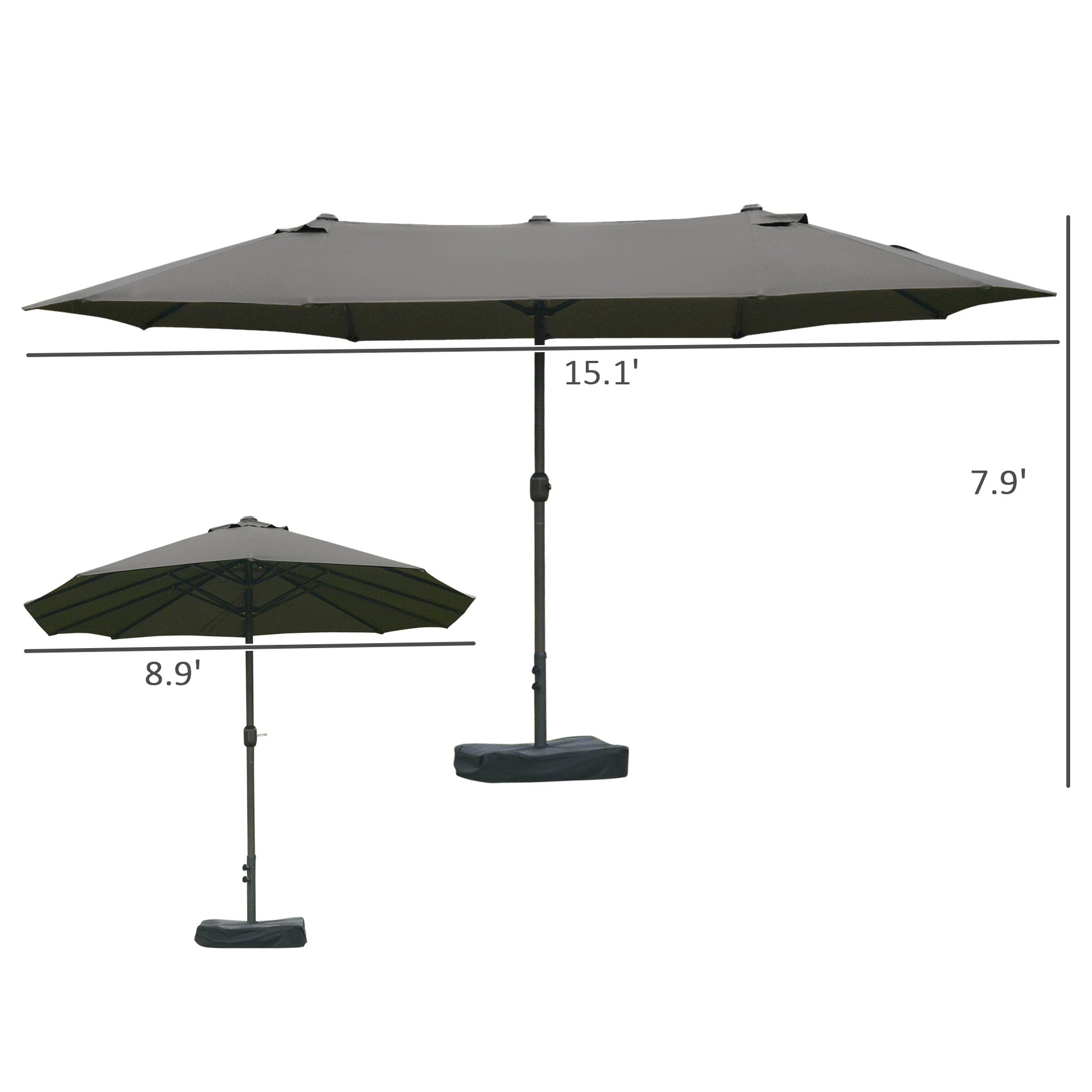 Large grey double patio umbrella with  span and cantilever design