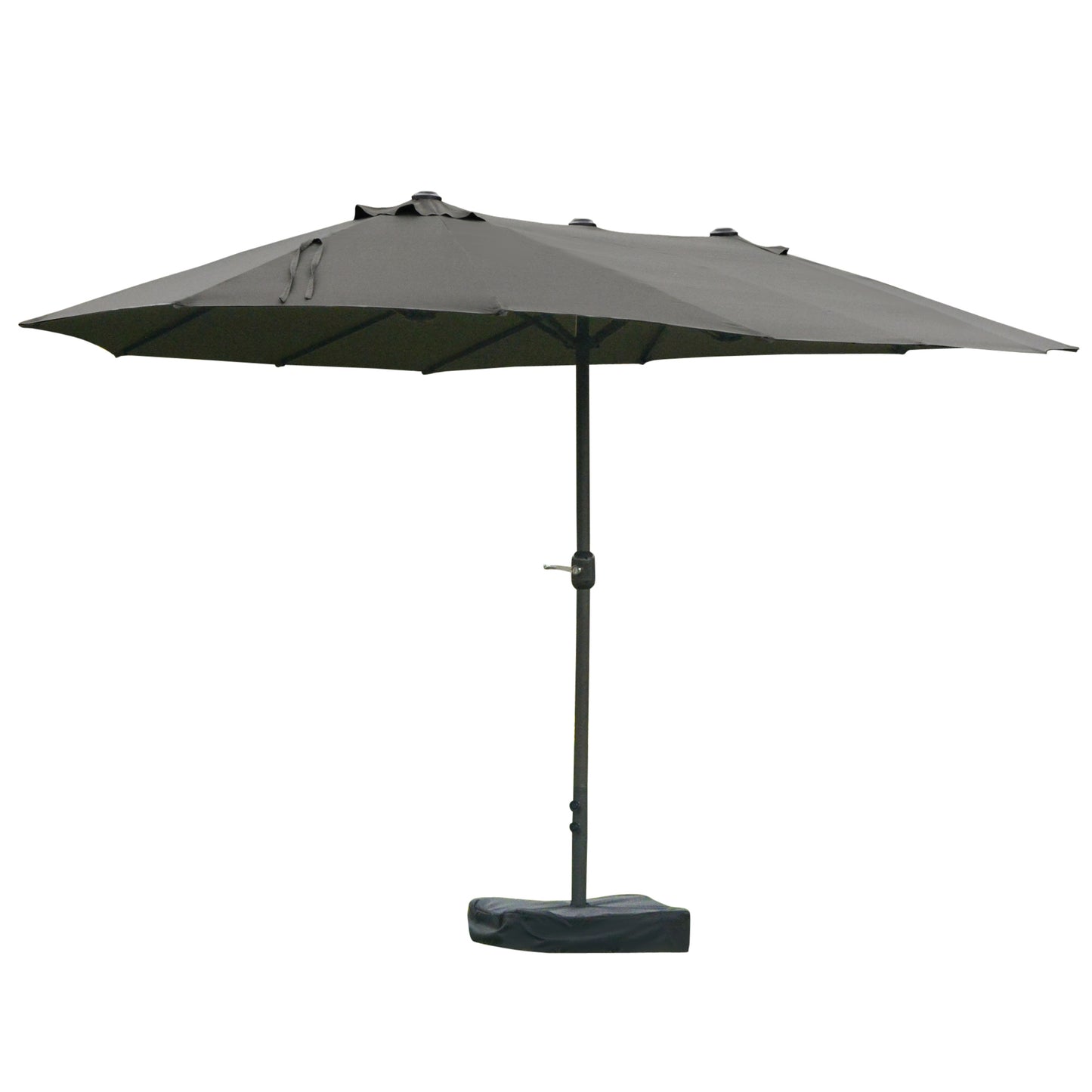 Dark grey rectangular patio umbrella with a black pole and weighted base