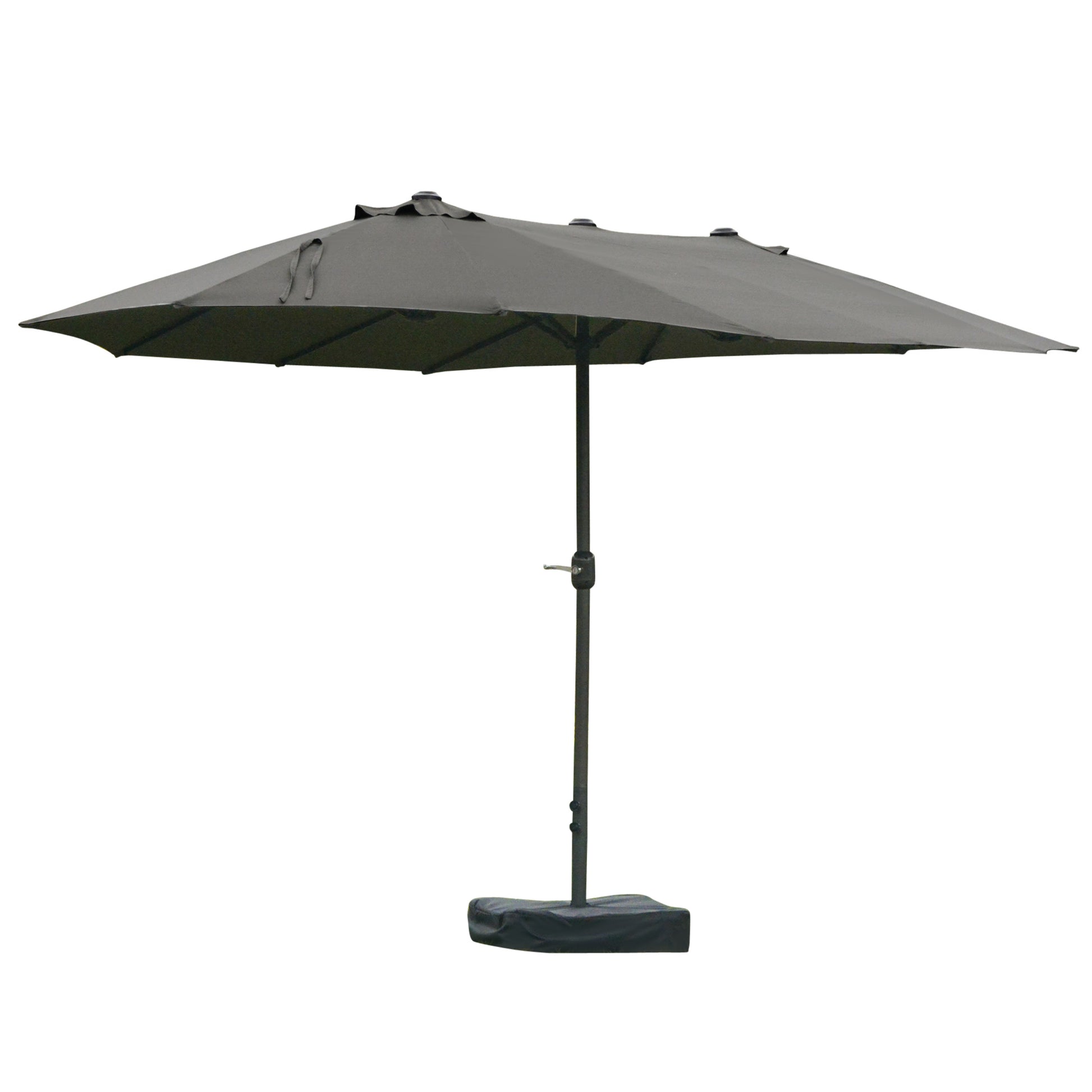 Dark grey rectangular patio umbrella with a black pole and weighted base