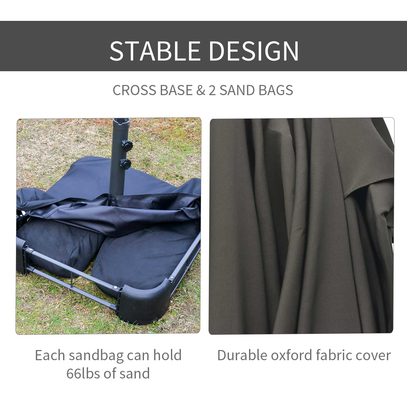 Black patio umbrella base with two filled sandbags for stable support outdoors